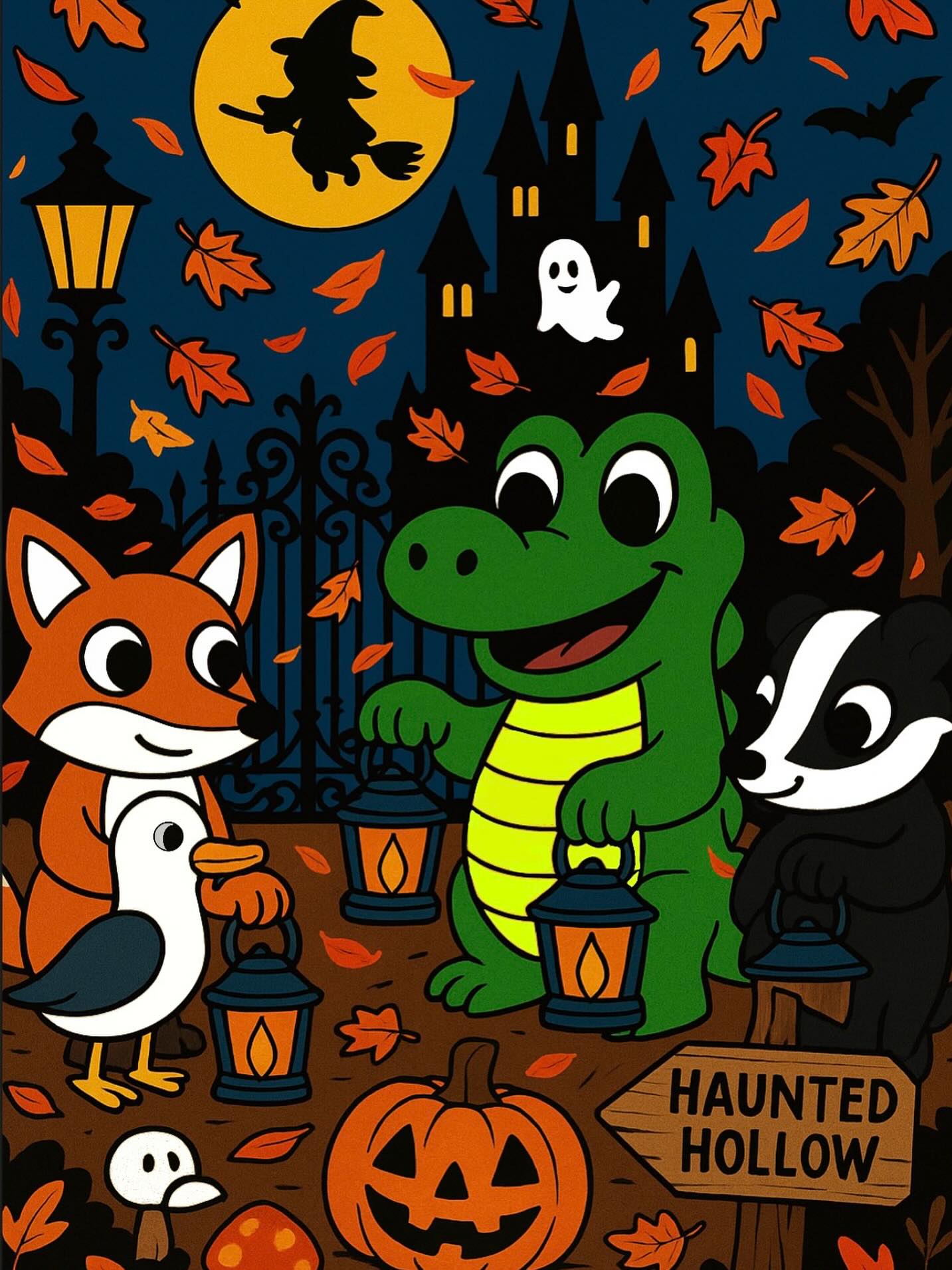 The Bristol Crocodile and his woodland friends are feeling brave tonight as they wander past the haunted castle on their way to Haunted Hollow! 👻✨🍂 Lanterns glowing, leaves swirling, who’ll they meet next under the Halloween moon? 🌕🎃
#BristolCrocodile #HauntedHollow #HalloweenAdventures #ChildrensIllustration #AutumnMagic #BristolArtists #PictureBookArt #SpookySeason #KidsBookIllustration #CrocodileAndFriends #FoxAndBadger #SeagullSidekick #LanternWalk #BristolCreatives #StorybookArt #HalloweenFun #OctoberNights