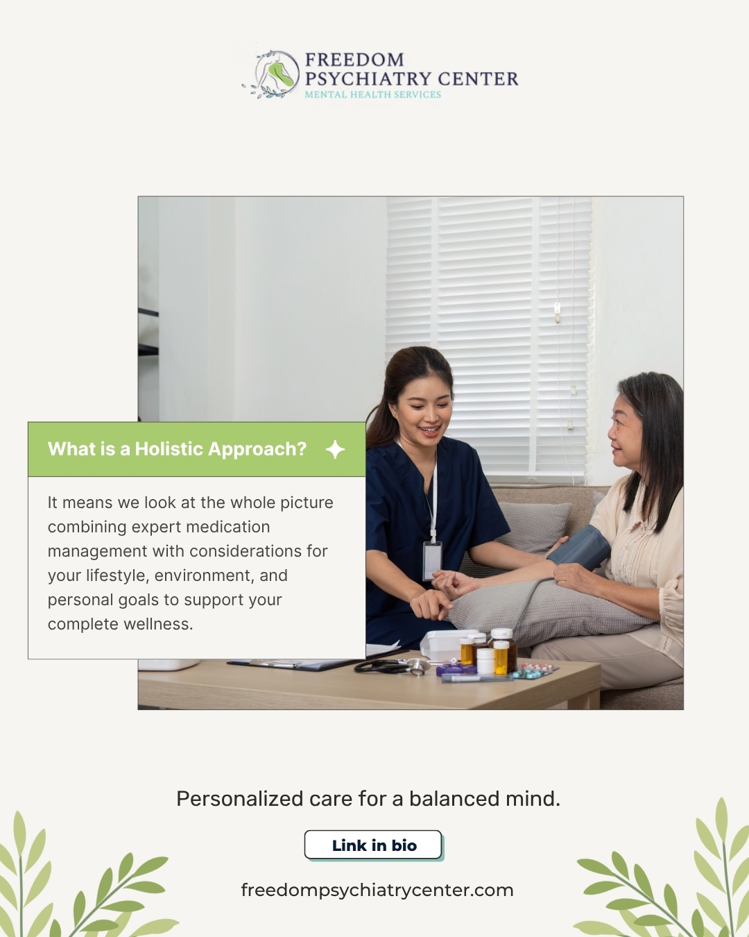 What do we mean by a "holistic approach"? At Freedom Psychiatry, we understand that mental wellness is connected to your physical, emotional, and lifestyle factors. We look at the complete picture to create a personalized treatment plan that supports your overall well-being.
#HolisticHealth #HolisticPsychiatry #WholeBodyHealth #FreedomPsychiatry #MentalWellness #PersonalizedCare #AZHealth #MindBodyBalance