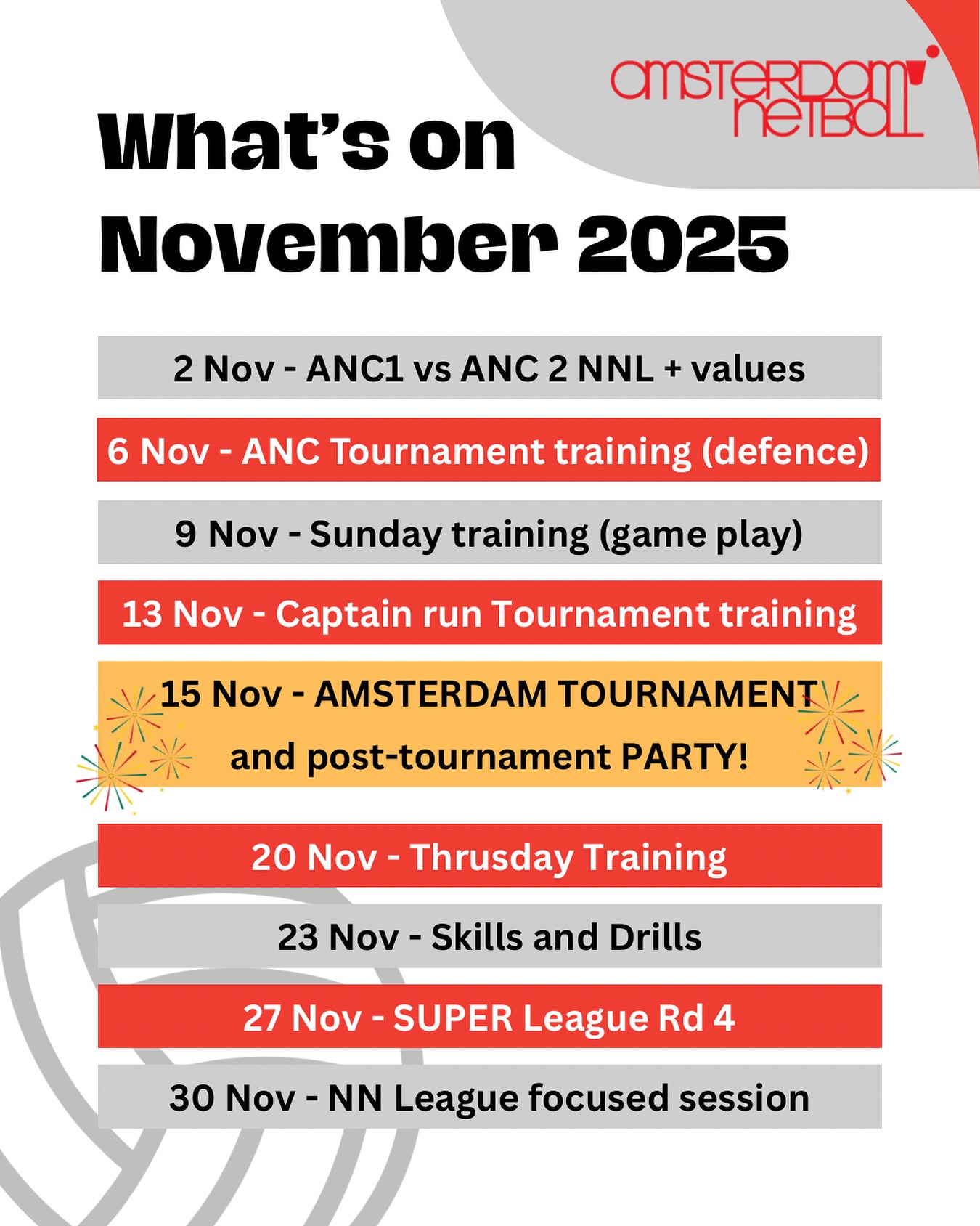 November might just be our FAVOURITE month at ANC because we host our Annual International Netball tournament. We have 18 teams competing on 15 November and we can’t wait!! ❤️🏐❤️