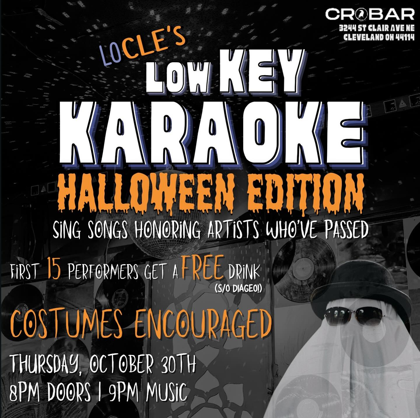 THURSDAY 10/30!
We are BACK at our favorite spot @crobar1921 for a special spooky edition karaoke!
Come sing songs and honor artists that have passed! (COSTUMES ENCOURAGED)!!! Or you can sing whatever. We’re pretty laid back over here.
SEE YA THURSDAY! 🎃👻💀