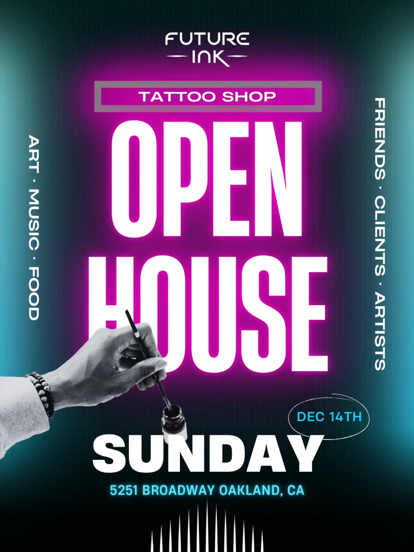 Join us at Future Ink 5251 Broadway Oakland on Sunday, December 14th from 2pm to 8pm for an exciting event that celebrates local talent and community connection!
We're inviting friends, clients and local artists to showcase their work, whether it's paintings, prints, stickers, or merchandise. This is an opportunity to network, get to know fellow creatives, and promote positive cooperation instead of competition within our community.
We'll be offering refreshments and small bites.
Come support local talent, enjoy some great art, and let's build a stronger community together!
If you're an artist and would like to attend and show your art just DM us to coordinate.
