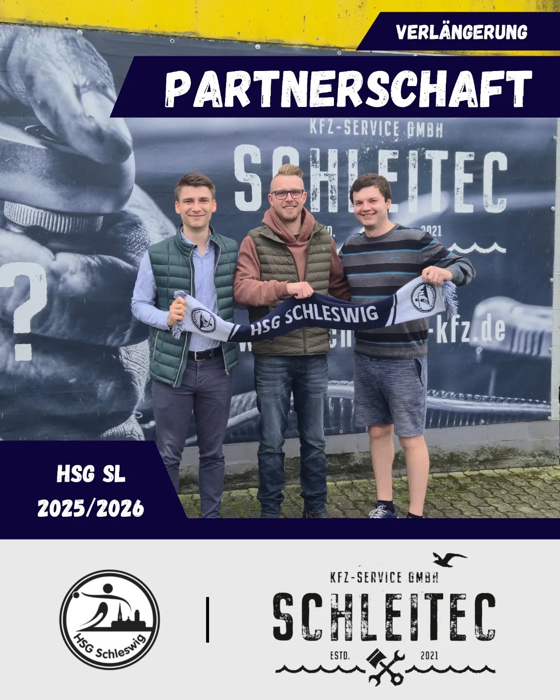 Partnerschaftsverlängerung mit Schleitec! 💙🤍
Wir freuen uns sehr, dass wir Thorben Mühlenbeck und Wolfgang Pagenkopf mit ihrer Firma @schleitec auch weiterhin zu unseren treuen Partnern zählen dürfen.
Vor einigen Wochen waren Tim und Morten bei Thorben zu Gast, um über die zukünftigen Pläne unserer HSG Schleswig zu sprechen. Im Gespräch wurde deutlich, dass Schleitec besonders die Kinder- und Jugendarbeit am Herzen liegt. In diesem Bereich können wir mit mittlerweile über 270 Kindern und Jugendlichen eine sehr positive Entwicklung verzeichnen, die Unterstützung verdient.
Seit dieser Saison ist Schleitec als Bandenpartner aktiv und auch in Busdorf zeigt sich die Verbundenheit deutlich. Auf dem Betriebsgelände weht nun eine neue HSG-Fahne.
Vielen Dank, dass ihr unsere Arbeit wertschätzt und einen wichtigen Beitrag für Kinder und Jugendliche im Sport leistet.
Über Schleitec:
SchleiTec ist eine klassische Meisterwerkstatt und bietet mit einem umfassenden Portfolio an Service-Leistungen ein echtes Rundum-sorglos-Paket für jedes Fahrzeug – von A wie Auspuff bis Z wie Zündkerze. Als kompetenter Ansprechpartner rund ums Auto und Motorrad kümmert sich SchleiTec um Fahrzeuge aller Altersklassen.
Als VERGÖLST-Partnerbetrieb steht SchleiTec für exzellenten Reifen- und Autoservice.
Auch ältere Fahrzeuge sind bei SchleiTec in den besten Händen – das Team repariert Fahrzeuge, für die Vertragswerkstätten häufig keine Leistungen mehr anbieten. SchleiTec steht für Qualität, Flexibilität und Zuverlässigkeit. Verbindlich, kompetent und fair – daran lässt sich SchleiTec messen.
#hsgschleswig
#willkommenanderschlei