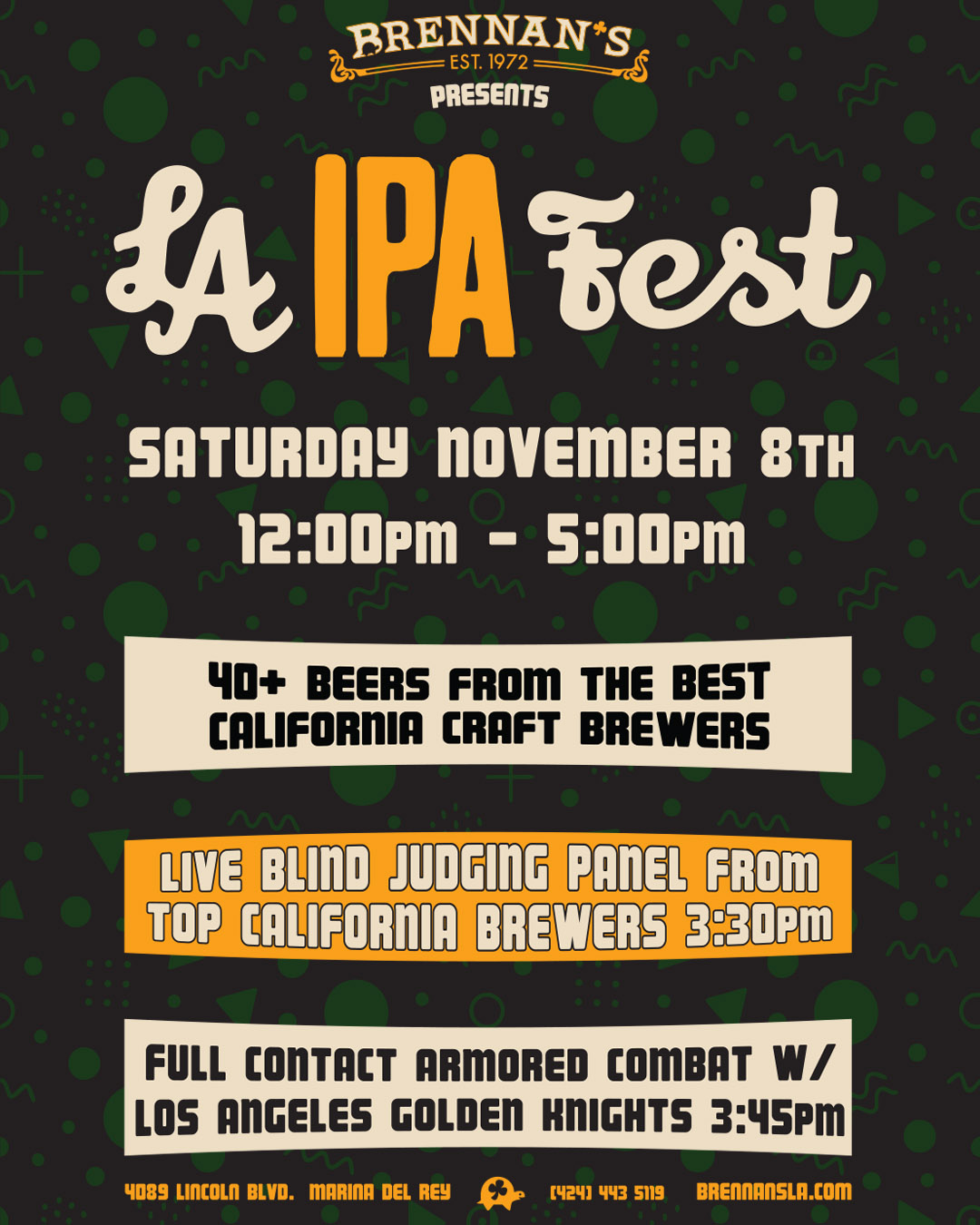 The ultimate celebration of hops, LA IPA Fest, returns for the 11th year at the home of the legendary turtle races, Brennan's!
This year's ticket gets you the official LA IPA Fest glass, and five 8 oz pours of some of the best, freshest, IPAs in SoCal. In addition to these fantastic IPAs, our friends at @losangelesgoldenknights will entertain us all with full combat medieval fighting we're calling, The Crucible!
Featured Breweries Include:
@altamontbeerworks
@alvaradostreetbrewery
@ambitiousales
@audiographbeerco
@beachwoodbrewing
@broxtonbrew
@burgeonbeer
@cellarmakerbrewing
@commonspacela
@esbcbrews
@everywherebeerco
@factionbrewing
@drinkfieldwork
@firestonewalker_propagator
@ghosttownbrewing
@greencheekbeer
@highlandparkbrewery
@humblesea
@institutionales
@ismbrewing
@madewestbeer
@mcilhenneybrewing
@northparkbeerco
@ogopogobrewing
@originalpattern
@pizzaportbrewingco
@radiantbeerco
@riipbeer
@russianriverbrewingofficial
@shredbeer
@smogcitybeer
@tarantulahillbrewingco
@tenmabeerproject
@trademarkbrewing
@theredoesnotexist
@urbanrootsbeer
@wondrousbrewing
Tickets available at the link in bio!