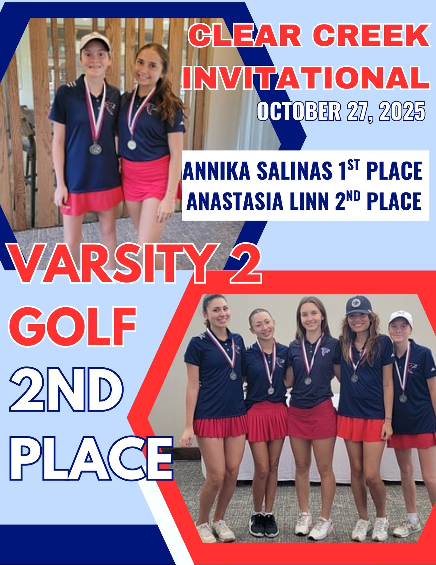 Congratulations to the Lake Golf team on the great start to the 2025 season!!
Varsity 2 team with a 2nd place finish and JV with a 6th place finish.
Annika claimed the 1st place spot and Anastasia game in 2nd.
Way to go girls!!