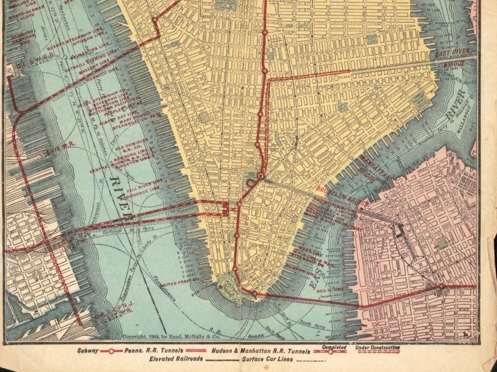 #MapMonday On this day in 1904, the first section of the New York subway (built by Interborough Rapid Transit) opened, running from Lower Manhattan to Broadway Harlem for a fare of one nickel. To learn more, and see the full map of the routes from 1908, see https://blogs.loc.gov/maps/2022/05/what-goes-up-must-come-down-a-brief-history-of-new-york-citys-elevated-rail-and-subway-lines/