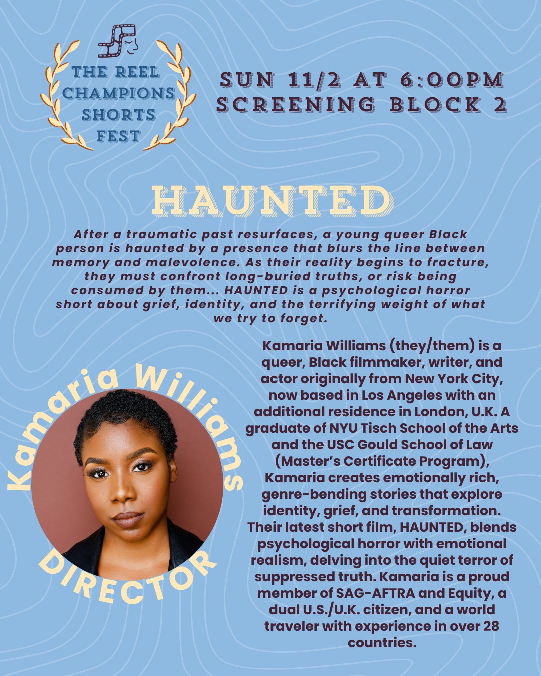 Meet Kamaria Williams @kamaria_williams, co-director of HAUNTED
Haunted is part of the Block 2 Screening at TRC Shorts Fest happening this Sunday!
Tickets and passes are available now at our website (also linked in bio)
www.thereelchamps.com/shortsfest