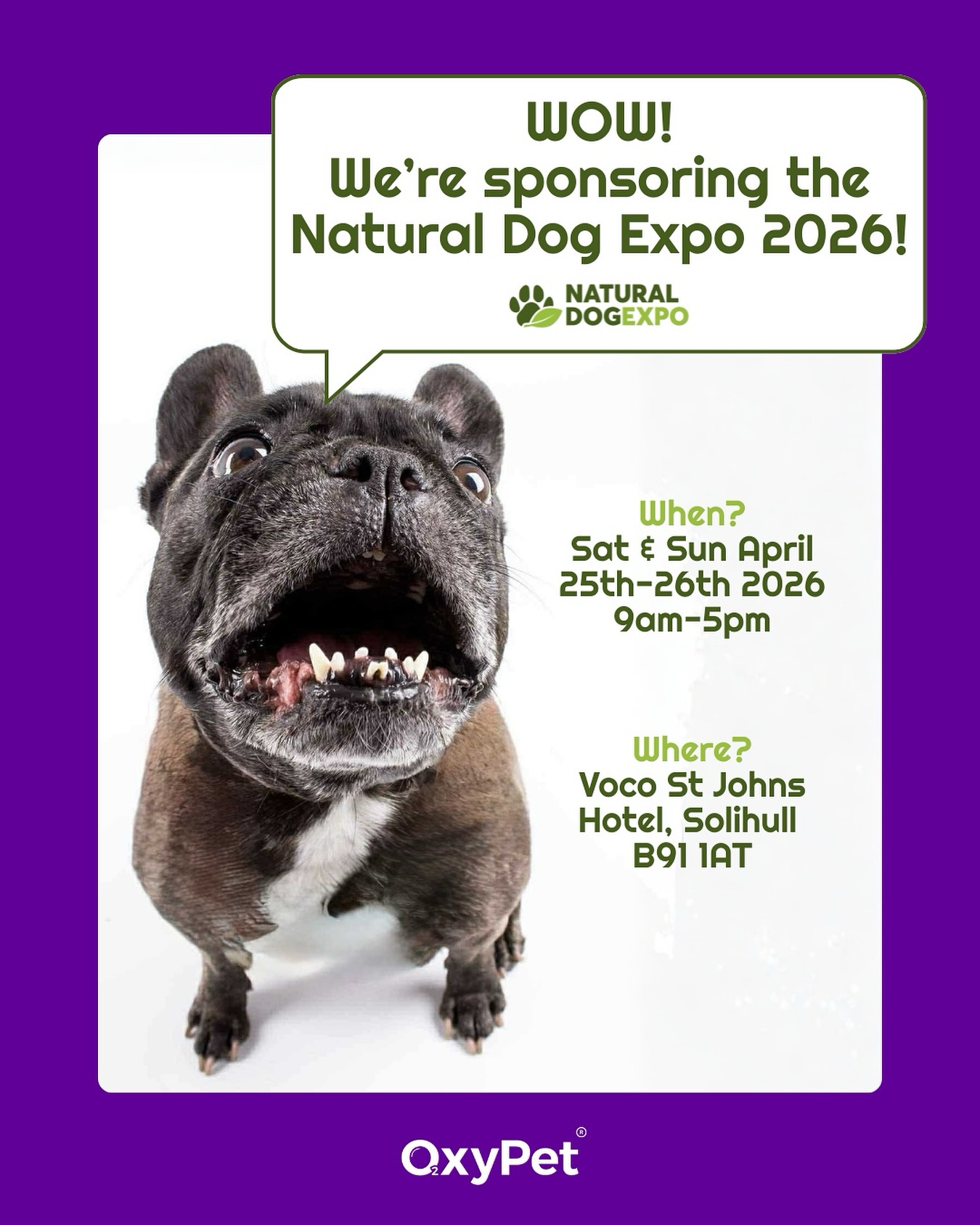 We’re so excited to share that OxyPet is officially sponsoring the @naturaldogexpo 2026! 🐶
Join us next spring for two days dedicated to natural health, education, and the future of pet wellness.
📍 Voco St Johns Hotel, Solihull
🗓 Saturday 25 – Sunday 26 April 2026
🕘 9 am – 5 pm
🎟 Early Paws tickets are available now. Grab yours before 10 January 2026 👉 naturaldogexpo.com
Learn more about the OxyPet Protocol:
https://www.oxypet.co.uk/product-page/oxypet-oxygen-water-subscription
