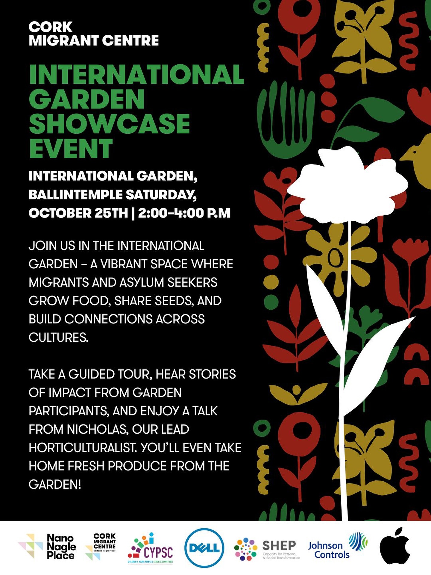 🌿 International Garden Showcase Event! 🌍
Join us this Saturday, October 25th (2–4 p.m.) at the International Garden in Ballintemple!
Discover how migrants and asylum seekers grow food, share seeds, and build community across cultures. 🌱
✨ Enjoy a guided tour, inspiring stories from garden participants, and a talk by Nicholas, our lead horticulturalist.
🥕 Take home fresh produce from the garden!
📍 International Garden, Ballintemple
🕑 2:00–4:00 p.m.
🔗 Register at corkmigrantcentre.ie/international-garden-showcase-event
#CorkMigrantCentre #InternationalGarden #CommunityEvent #CorkEvents #Sustainability #CulturalExchange #GardeningForGood