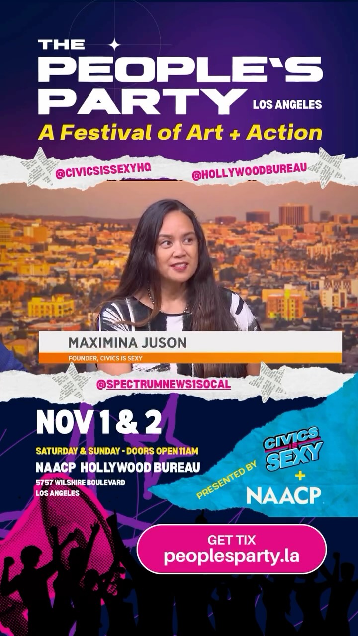 Civics Is Sexy hits Spectrum News 1!
Founder Maximina Juson joins Spectrum News to talk about The People’s Party — a two-day fusion of art, film, music, and civic action designed to build bridges, spark dialogue, and make civic learning irresistible.
Happening this weekend at the NAACP Hollywood Bureau, 5757 Wilshire Blvd, LA.
DOORS OPEN 11AM - TIX at peoplesparty.la
#ThePeoplesPartyLA #CivicsIsSexy #ArtAndAction #SpectrumNews1