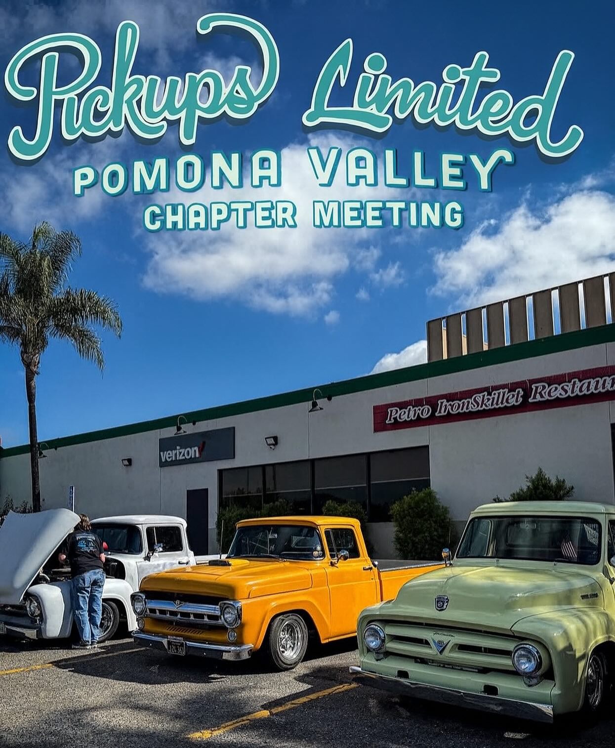 Pomona Valley Chapter Meeting The first Saturday of each month.
Arrival time is 8:15 am Breakfast meeting starts at 9: am
( NEW LOCATION )
The Truck Stop It’s located at 4325 E. Guasti Rd, Ontario.
Pickups Limited Pomona Valley is a truck club celebrating the amazing heritage of classic Ford F-1 and F-100 trucks from 1948 to 1983.
As always Guests are welcome, stop in and check us out. More info contact Aj Arnold 714-724-5040