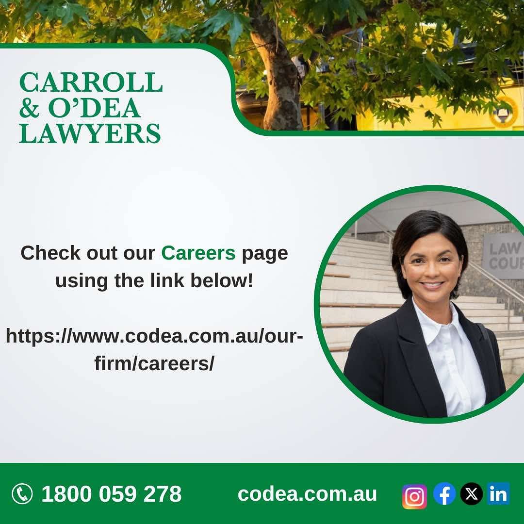 ✨ When it matters at Carroll & O’Dea, you’ll be part of an enthusiastic, motivated and caring team.
Discover a firm that values its people, invests in their growth, and creates a supportive environment through training, career opportunities and a strong team culture. ⚖️💼
Discover the Careers at Carroll & O’Dea Lawyers via the link below or in our bio
https://www.codea.com.au/our-firm/careers/?gad_source=1&gad_campaignid=6512375750&gclid=CjwKCAjwpOfHBhAxEiwAm1SwEtkQugfw2zyjyju29ayQS4muMulWt7zi0iVokMKjdIb4CrgWmHG8ShoClmsQAvD_BwE&fbclid=IwZXh0bgNhZW0CMTEAAR7J8X2obC6ZVN8FYV9ES6jap0jK98mmw2nEGpGvg3iRaZUrkUTgFzjBF7n-8w_aem_F3LN0Ojpxmdd_-rIUsyTVw