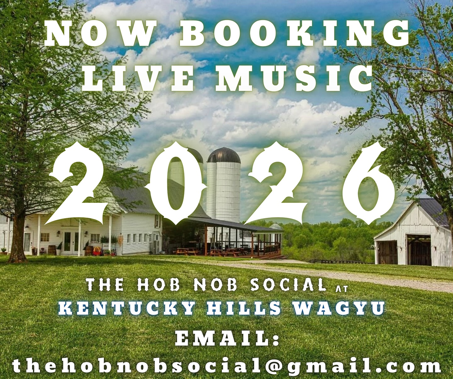We are now accepting emails for LIVE MUSIC at The Hob Nob Social 2026!! If you know someone or have an act that you would like to book at our farm, please share this contact. We look forward to another year and we can’t wait to see you all!
Email: thehobnobsocial@gmail.com