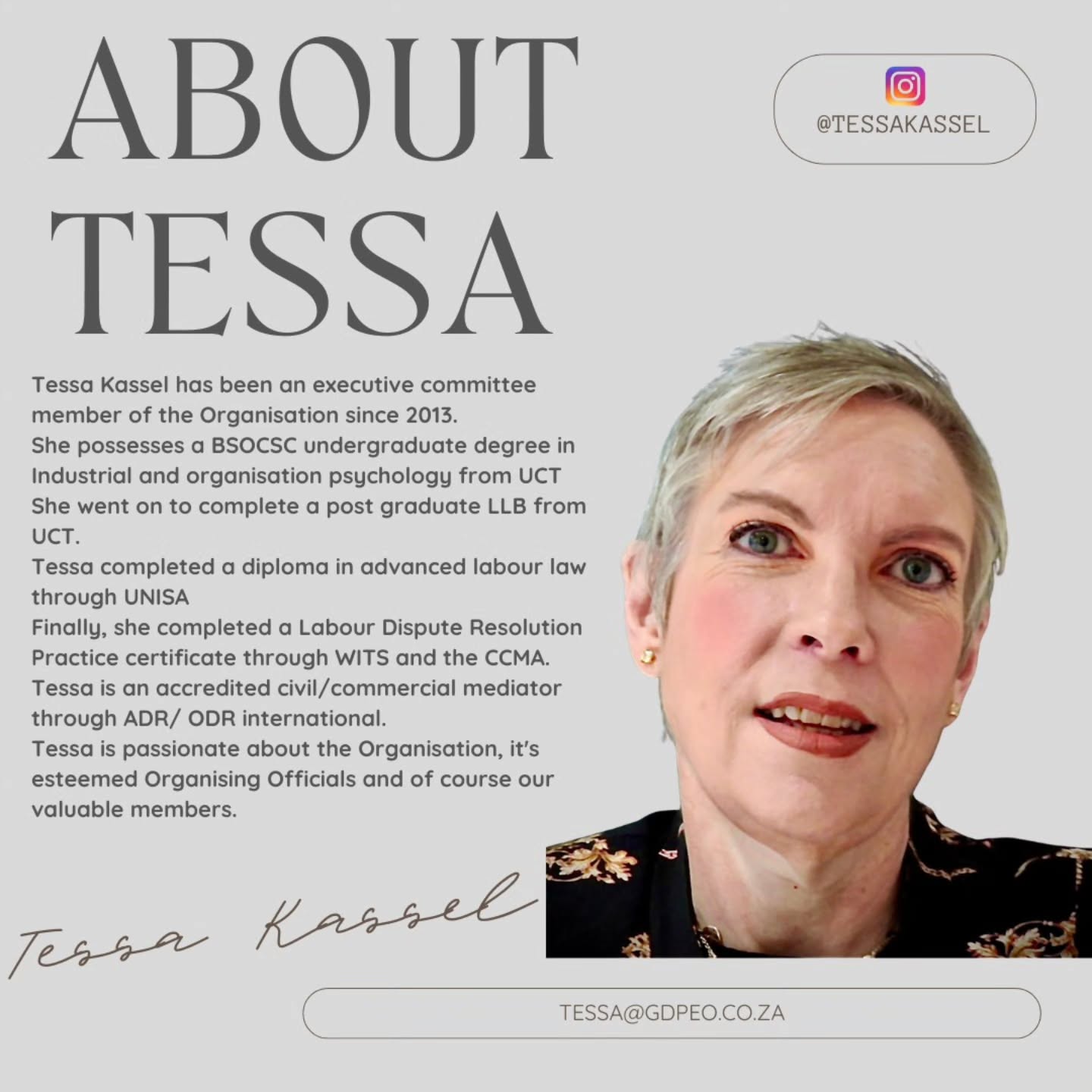 Meet Tessa Kassel, a dedicated member of our Executive Committee since 2013.
Armed with degrees in Industrial & Organisational Psychology and Law from UCT, along with advanced qualifications in Labour Law and Mediation, Tessa brings both expertise and passion to our Organisation.
She’s deeply committed to supporting our Organising Officials and serving our valued members every step of the way.
#GDPEO #employersorganisation #labourlaw #Leadership #executivecommittee #WomenInLeadership #IndustrialPsychology #organisationaldevelopment #Mediation #ProfessionalGrowth #WorkplaceExcellence #Teamwork #MemberFocus #ConflictResolution #EmpoweredLeadership #CareerInspiration #SouthAfricaProfessionals