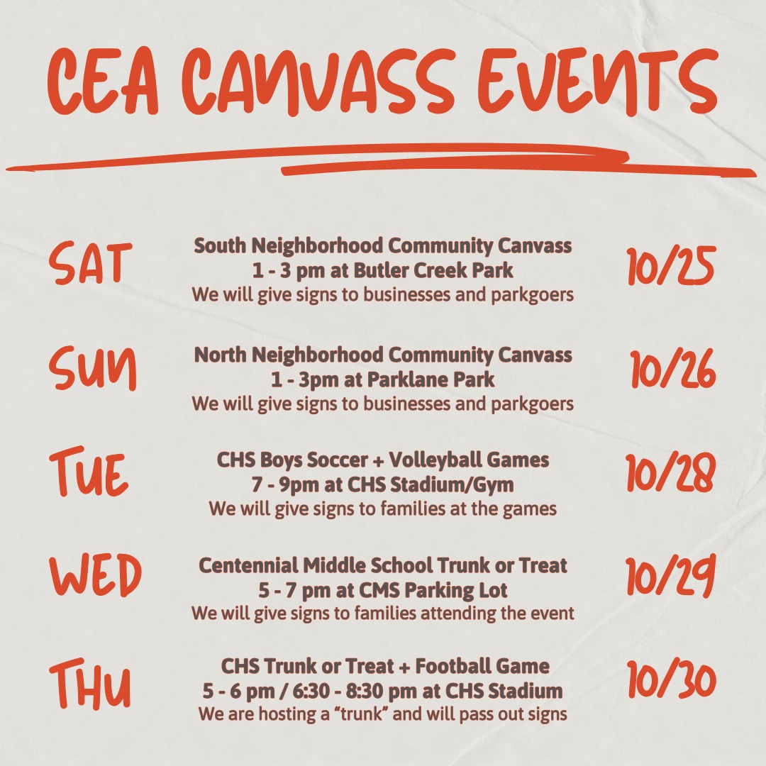 We invite CEA members and community supporters to join us in our outreach to the community.
We will be passing out signs that read "We Support Centennial Educators" (also available in Spanish) to our families and community supporters in the next couple of weeks.
We can use all the help we can get to reach every corner of our community. Sign-up for an event using the link in our bio!