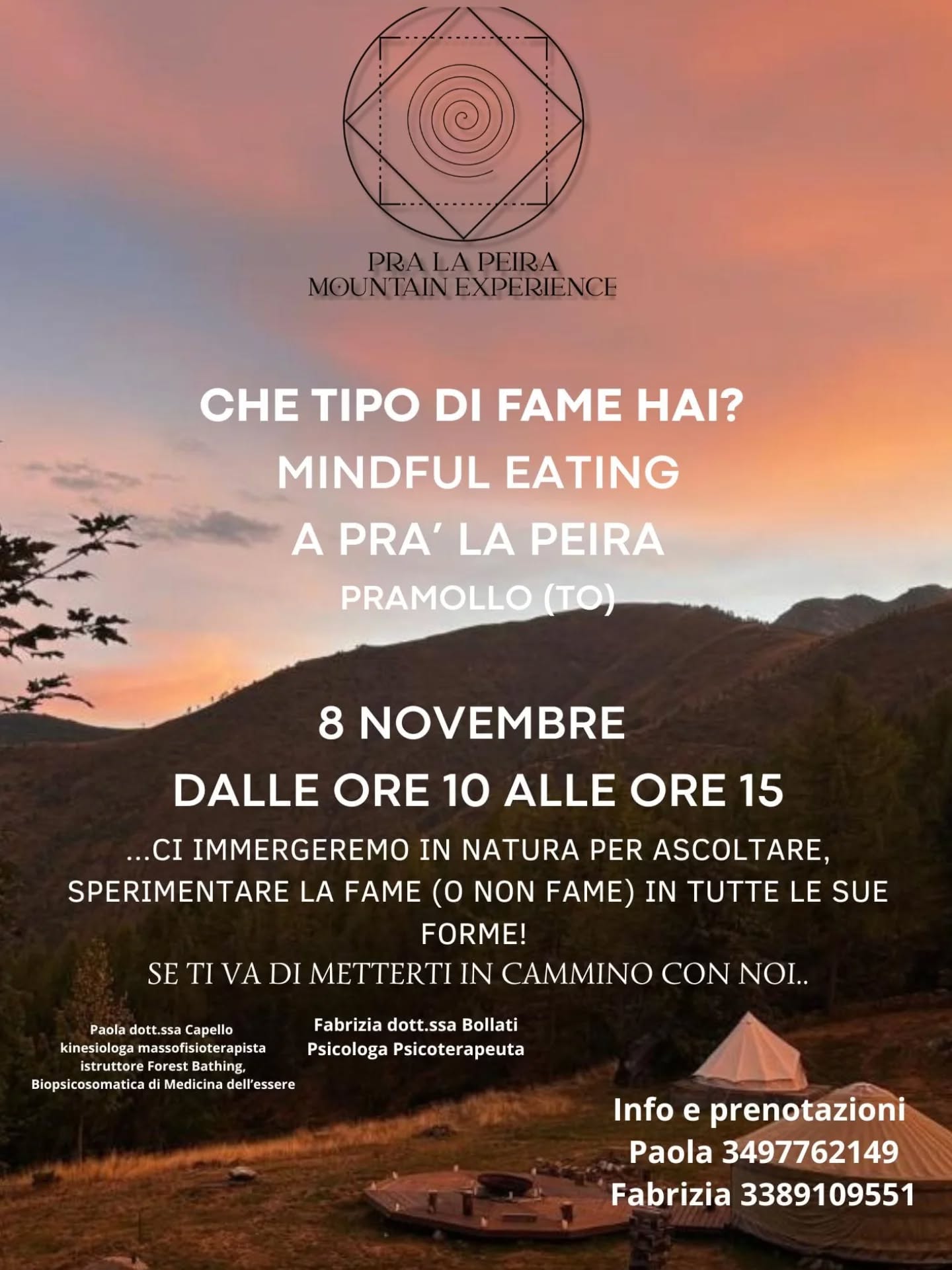 🌀 CHE TIPO DI FAME HAI?
Mindful Eating e camminata consapevole a Pra’ La Peira
📍Pramollo (TO)
🗓 Venerdì 8 novembre | ore 10–15
Ho il piacere di invitarti a un’esperienza di Mindful Eating e camminata consapevole, che condurrò insieme a Paola Capello, mia amica di sempre 🌸
Massofisioterapista, kinesiologa, specializzata in Biopsicosomatica e istruttrice di Forest Bathing.
Da anni condividiamo con passione percorsi dedicati al benessere, unendo corpo, mente e natura in un approccio olistico e integrato.
🌿 Camminando in piena consapevolezza, ci immergeremo nel silenzio del bosco per riconnetterci al corpo, ai sensi e ai bisogni autentici.
Raggiungeremo la splendida cornice di @pralapeira ✨ dove, attraverso la Mindfulness e la pratica della Mindful Eating, esploreremo il nostro rapporto con il cibo — non come concetto mentale, ma come esperienza viva, sensoriale e corporea.
🍎 Scopriremo le diverse forme di fame e non fame, imparando ad accoglierle con curiosità e gentilezza… per ritrovare un equilibrio naturale tra mente e corpo.
Non una lezione, ma un’esperienza:
✨ un tempo per radicarsi, respirare e sentire.
Per info e prenotazioni
📞 Fabrizia 338 9109551
Paola 3497762149
Ti aspettiamo con gioia 💚