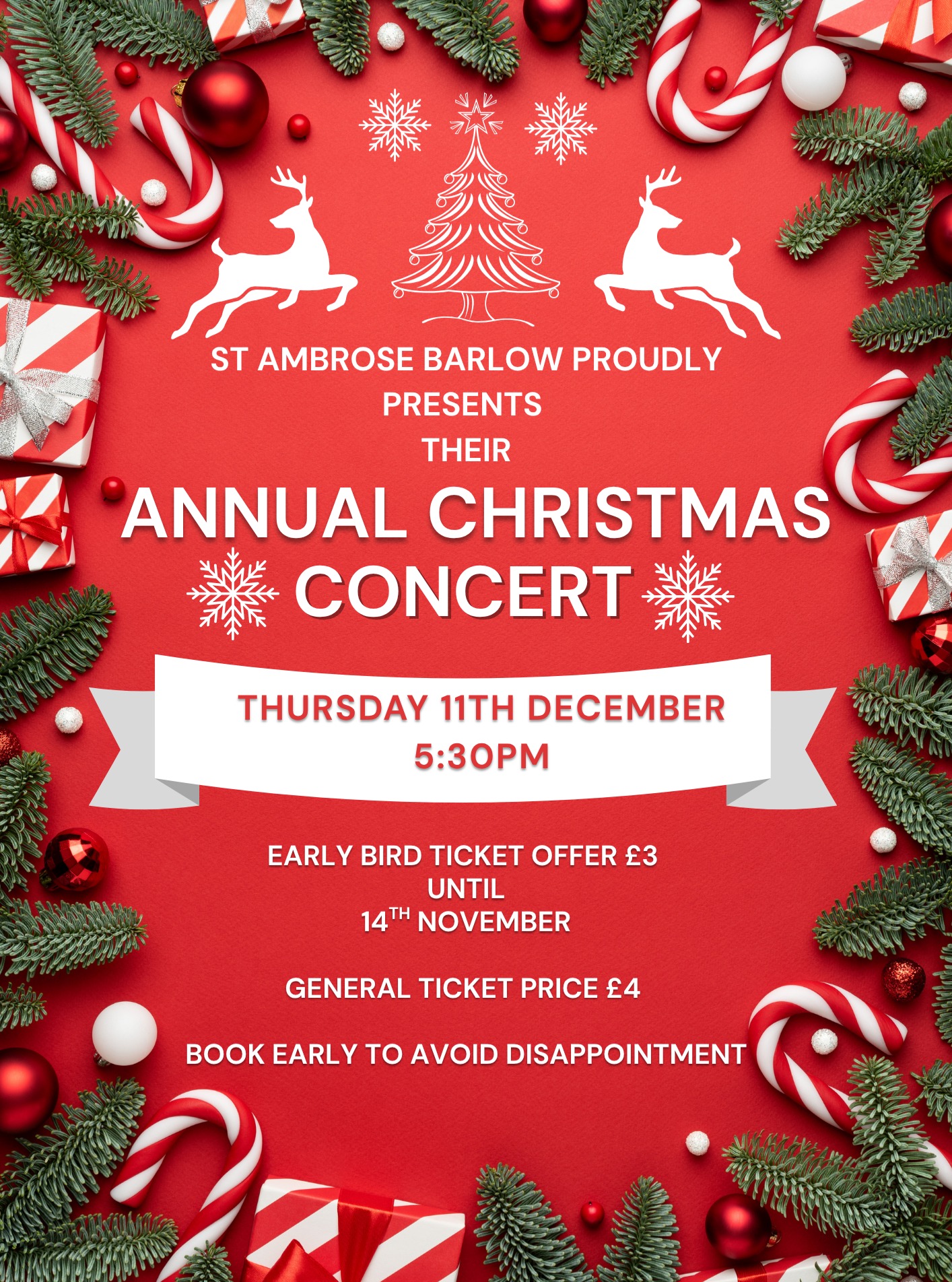 Back by popular demand! 🎄🎼🎅
We are proud to announce that our annual Christmas concert will take place on Thursday 11th December from 5:30pm. Tickets are on sale now with an early bird offer of £3 until 14th November. Thereafter, the general sale ticket price will be £4.
Join us for an evening led by our talented staff and students, filled with festive spirit, Christmas cheer, and the magic of the holiday season!
#lovelearnlead #putstambrose1st #annualchristmasconcert