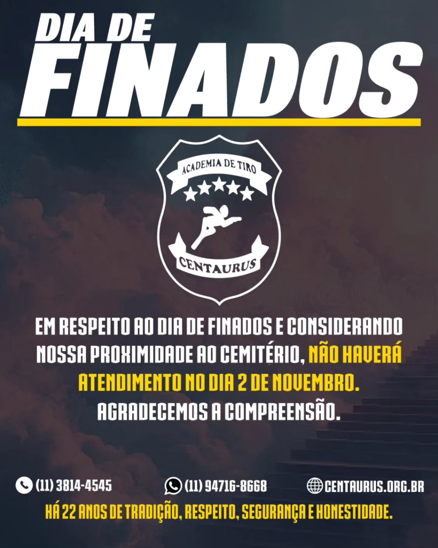 ATENÇÃO! 🚨
DOMINGO (2/11), EM RESPEITO AO DIA DE FINADOS, ESTAREMOS FECHADOS.