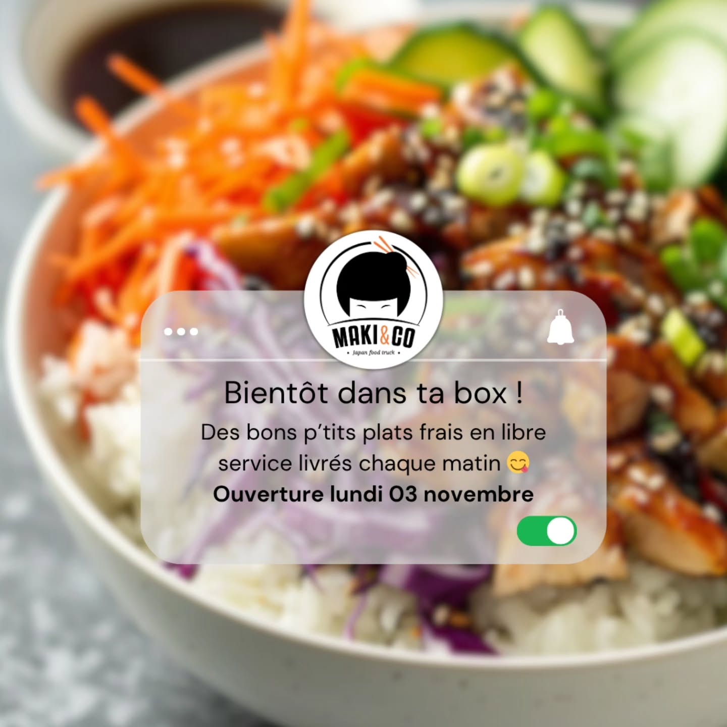 Dès lundi prochain, dans votre box, des repas équilibrés et surtout... délicieux 🤤 proposés par @makiandco_truck 🍱🥗😋