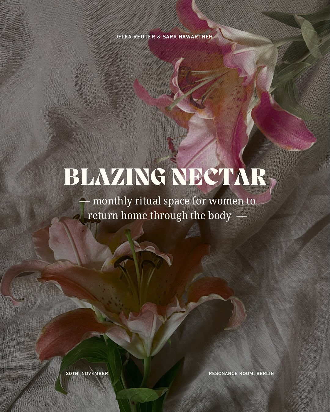 third and last edition this year before going on a winter break. 🔥
a monthly ritual space for women to come home through the body.
women calling themselves back in & tapping into the current of life. expect embodied movement, creative expression, visualization & ritual.
Blazing Nectar | monthly IRL space for women
third edition 20.11 | Berlin | 19:00 - 22:00
in @resonance__room
birthed & held by @sara_hawartheh and @jelka.reuter
🔗LINK for TICKETS in BIO
to reserve your cozy sheep skin, DM ‘BLAZING NECTAR’ to join.