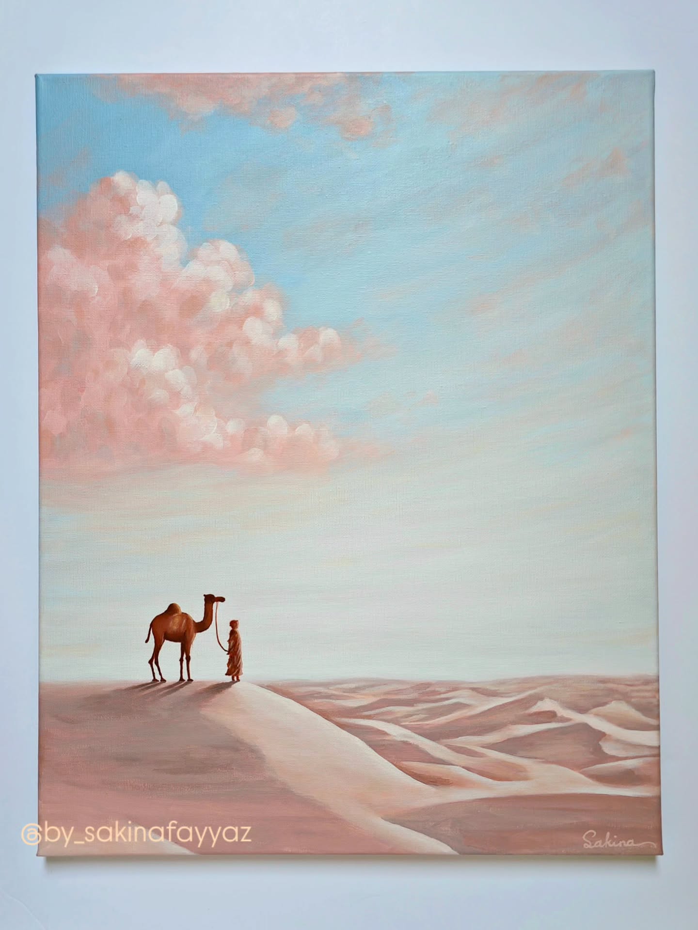 ✨️New artwork reveal✨️
"A'amal" is an arabic word meaning "Deeds".
In this painting, I imagined a lone man standing at the threshold between death and the afterlife, looking towards the light of the next. The setting sun symbolises the end of life’s journey, while the camel represents A‘amal اعمال, i.e. the deeds, the only thing that we truly carry with us beyond this world. Traditionally used to transport material possessions, here the camel carries nothing, further emphasising that no worldly belongings follow us after death.
This piece is a reflection on life’s true purpose: to walk the path of God, focus on good deeds, and seek peace in the life to come.
Pictured: "A'amal"
50x40 cm | Acrylic on stretched canvas
✨️ Update: SOLD ✨️