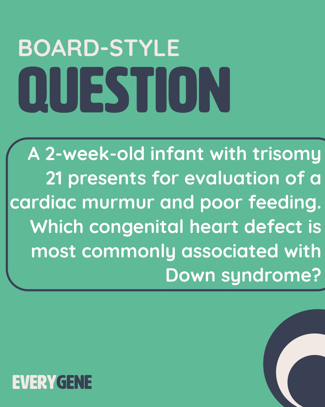 A classic board question that is a MUST KNOW. And if you didn't know...now you know!
#T21 #downsyndrome #trisomy21 #everygene #boardquestion #pediatrics
