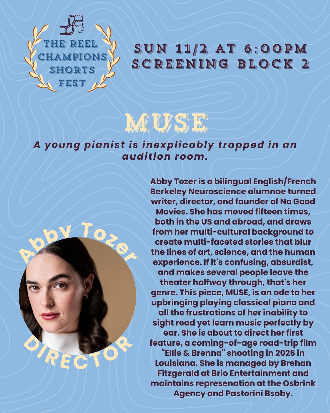 Meet Abby Tozer, the director of MUSE
Muse is part of the TRC Shorts Fest Block 2.
Tickets and All Access Passes are available for purchase now at our link in bio
Visit www.thereelchamps.com/shortsfest