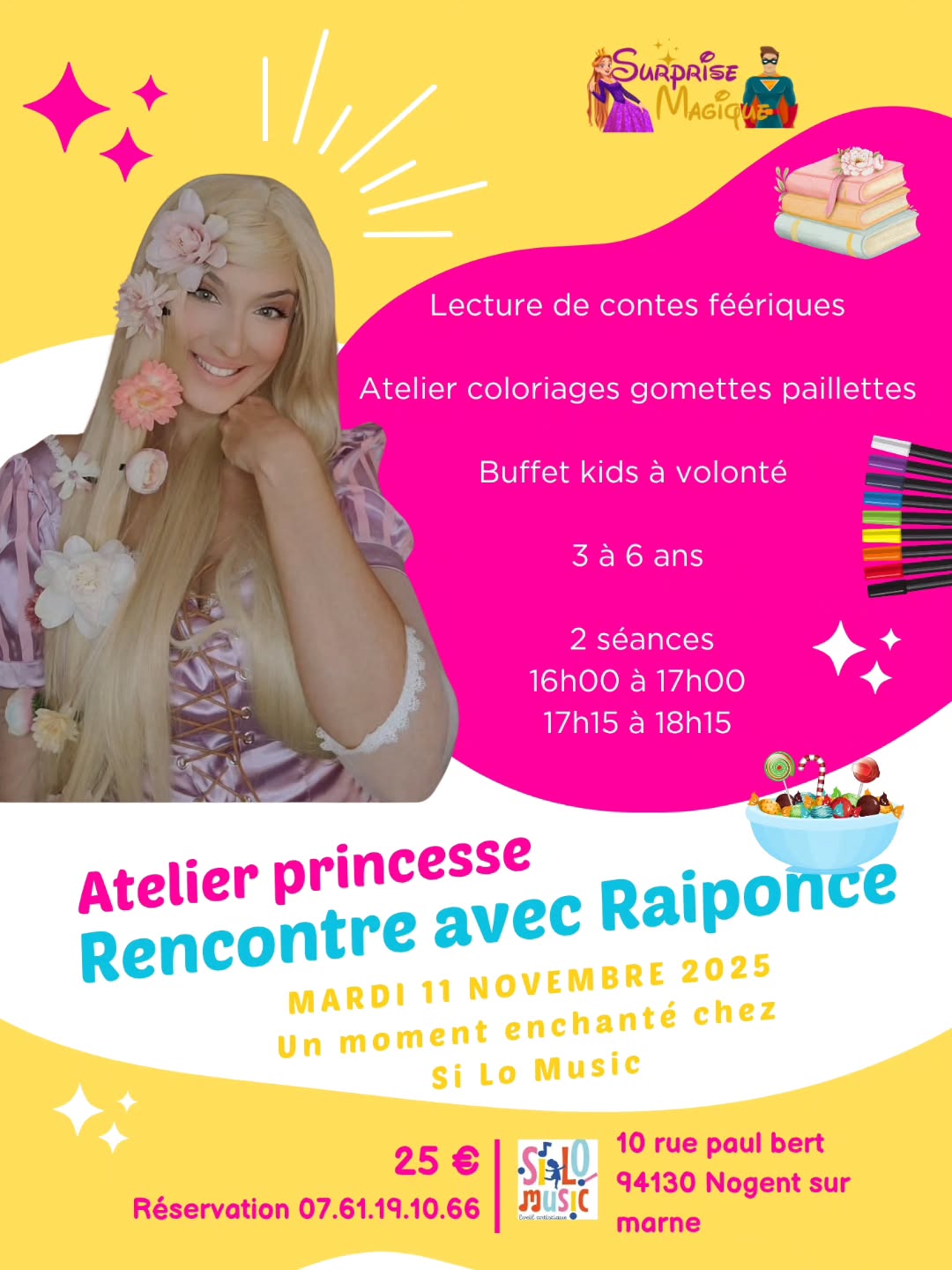 👸✨ Atelier Princesse – Rencontre avec Raiponce chez Si Lo Music ! ✨👸
Préparez-vous à vivre un moment magique avec la plus lumineuse des princesses 🌼💛
📚 Au programme :
🎨 Atelier coloriages, gommettes et paillettes
📖 Lecture de contes féeriques
🍬 Buffet kids à volonté pour régaler les petits gourmands !
👧 Pour les enfants de 3 à 6 ans
⏰ Deux séances disponibles :
🕓 16h00 à 17h00
🕔 17h15 à 18h15
📍 Si Lo Music – 10 rue Paul Bert, Nogent-sur-Marne
📅 Mardi 11 novembre 2025
💫 25 € / enfant
📞 Réservation au 06.73.85.13.21 / 07 61 19 10 66 ou sur notre billeterie en ligne/ Lien en bio
Un après-midi féerique plein de rires, de couleurs et de magie, où les rêves prennent vie au son de la musique 🎶✨
#raiponce #princesseraiponce #raspunzel #atelierenfants #atelierprincesse #PrincesseDisney #princessparty #coloriage #gomettes #pailettes #goûter #kidsparty #lecture #lectureenfant #nogentsurmarne #activitéenfant