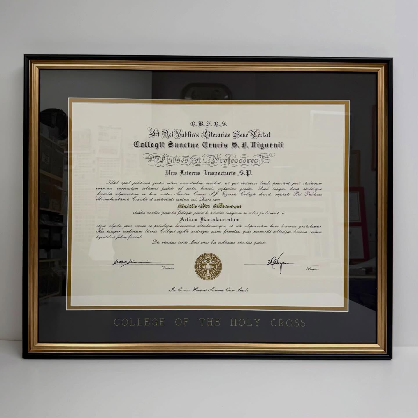 Did you know we can write on a mat? Well, we can! #wizardcutters #customartframing #frameddiploma #collegeoftheholycross