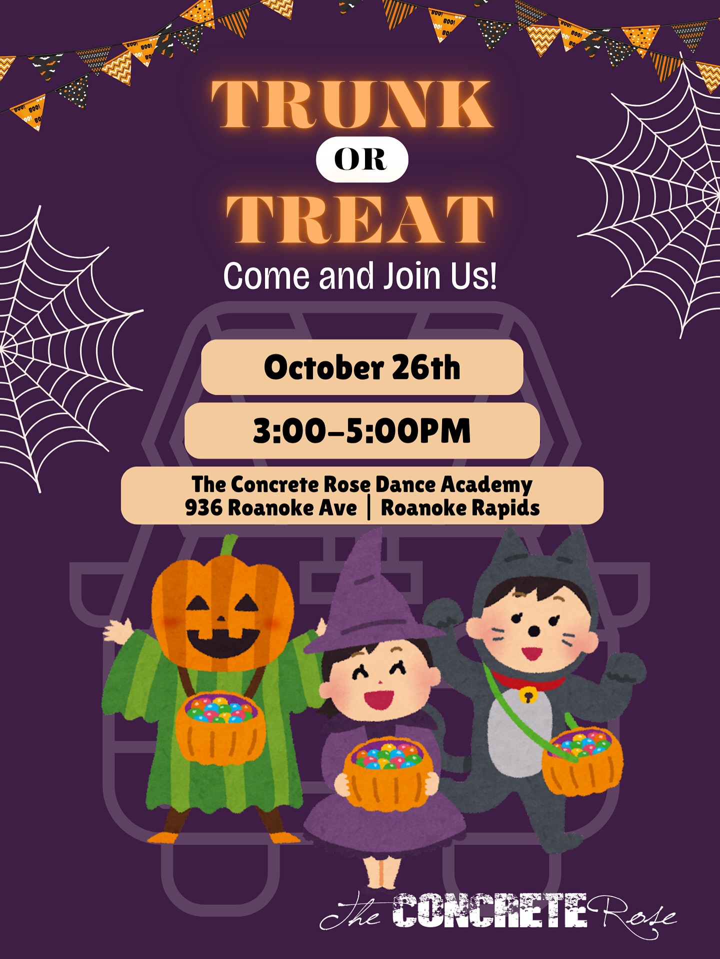Trunk or Treat at The Concrete Rose! 🍬✨
Join us TODAY, Sunday October 26th from 3–5PM at The Concrete Rose Dance Academy for an afternoon full of candy, costumes, and community fun. 🕷️🕸️ Bring the kiddos in their best costumes and get ready to fill those buckets!
📍 936 Roanoke Ave | Roanoke Rapids