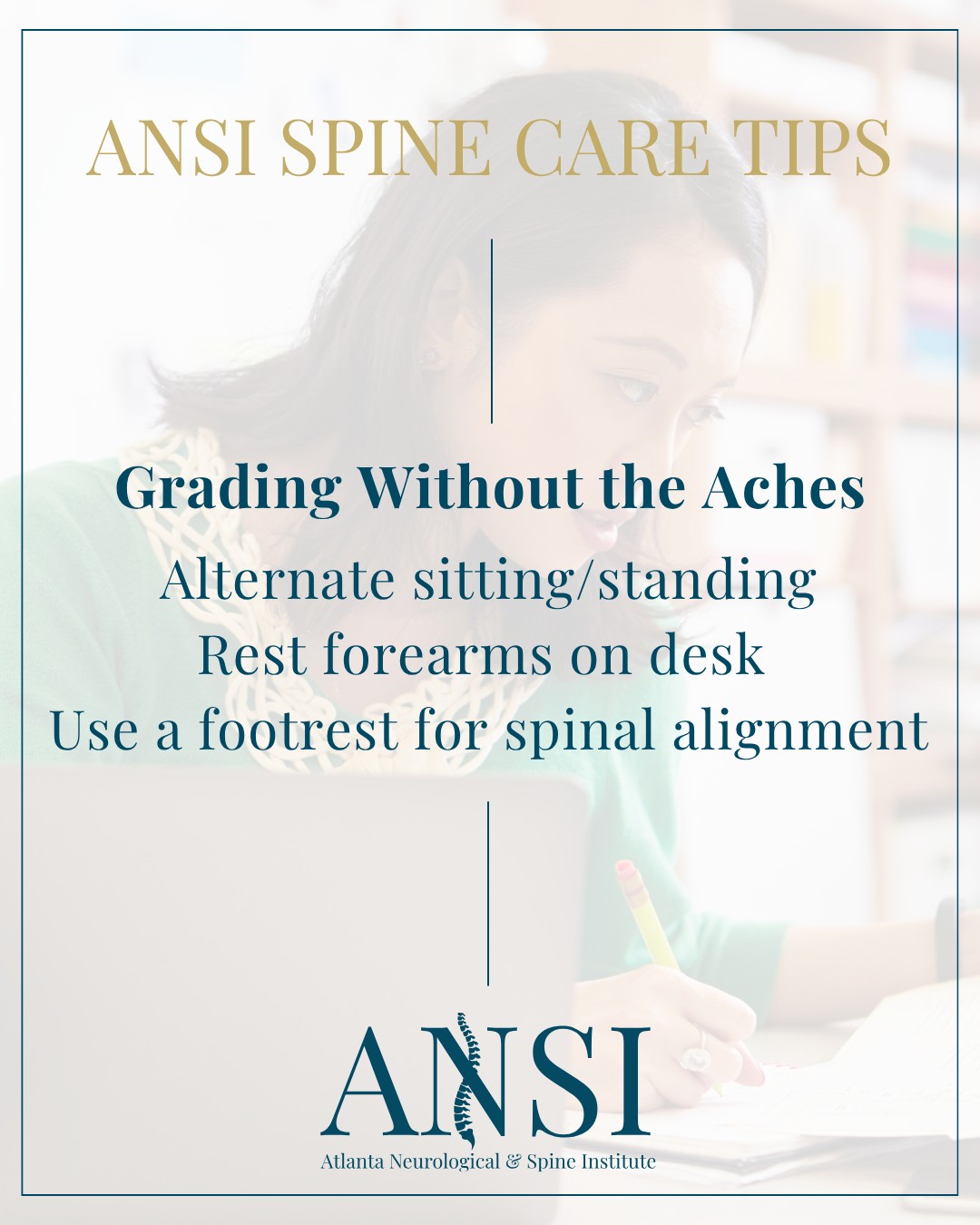 Teachers, your posture deserves an A+ too! đ
Long hours of grading can sneak up on your spine, so try this:
â Switch between sitting and standing
â Rest your forearms on the desk (not your shoulders!)
â Use a small footrest to keep your spine aligned
A few small adjustments can make grading days a lot more comfortable.
.
.
.
#TeacherTips #SpineHealth #ANSI #AtlantaSpineExperts