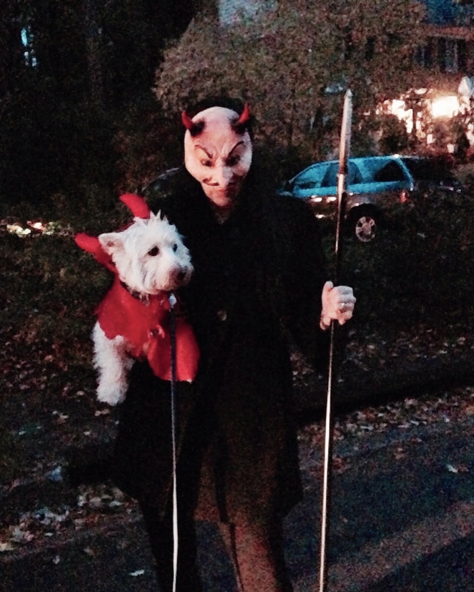 Me. 10 years ago.
Dressed as the devil (with my trusty side kick, Satan) while trick-or-treating with my daughters. I walked what felt like three, maybe six miles that night, collecting a record amount of candy. And memories.
In times like this, motherhood gave me the strength (and joy) to keep saying, over and over “screw you cancer”.
Happy Halloween! 🎃