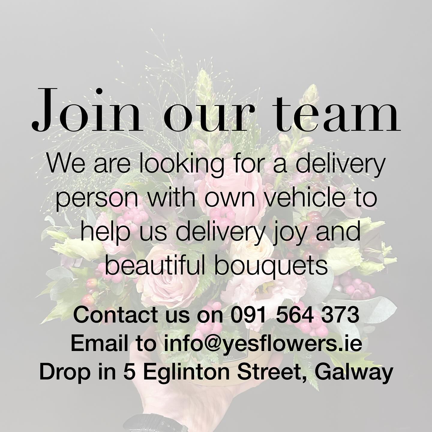 We are looking for someone to join us to help deliver flowers, kind sentiments and loving messages in the Galway area. If you are interested and would like more information, please get in touch 🌸