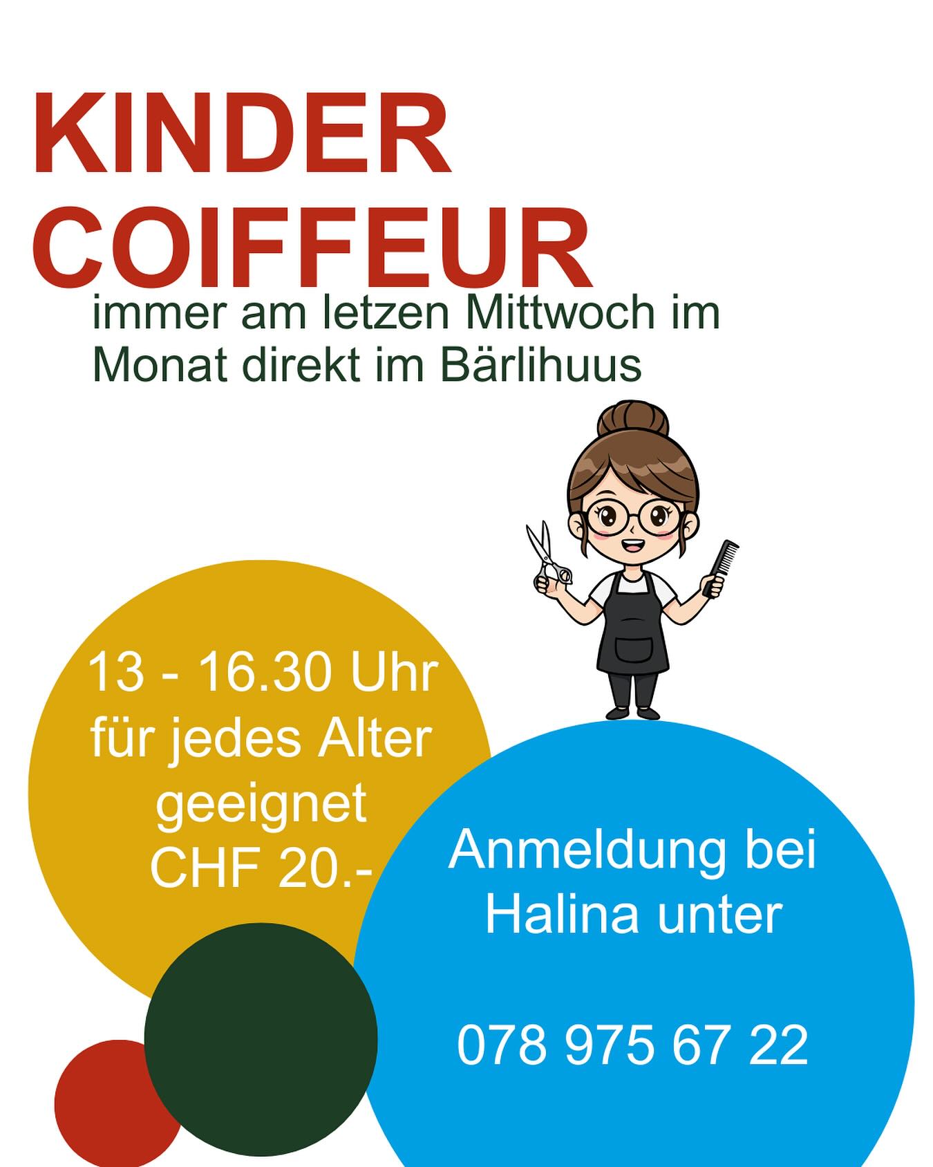 Halina ist toll mit den Kids, vor allem auch mit den Kleinsten.
Wer also einen Coiffeur sucht, der nächste Termin ist der 26.11. direkt im Bärlihuus 🥳