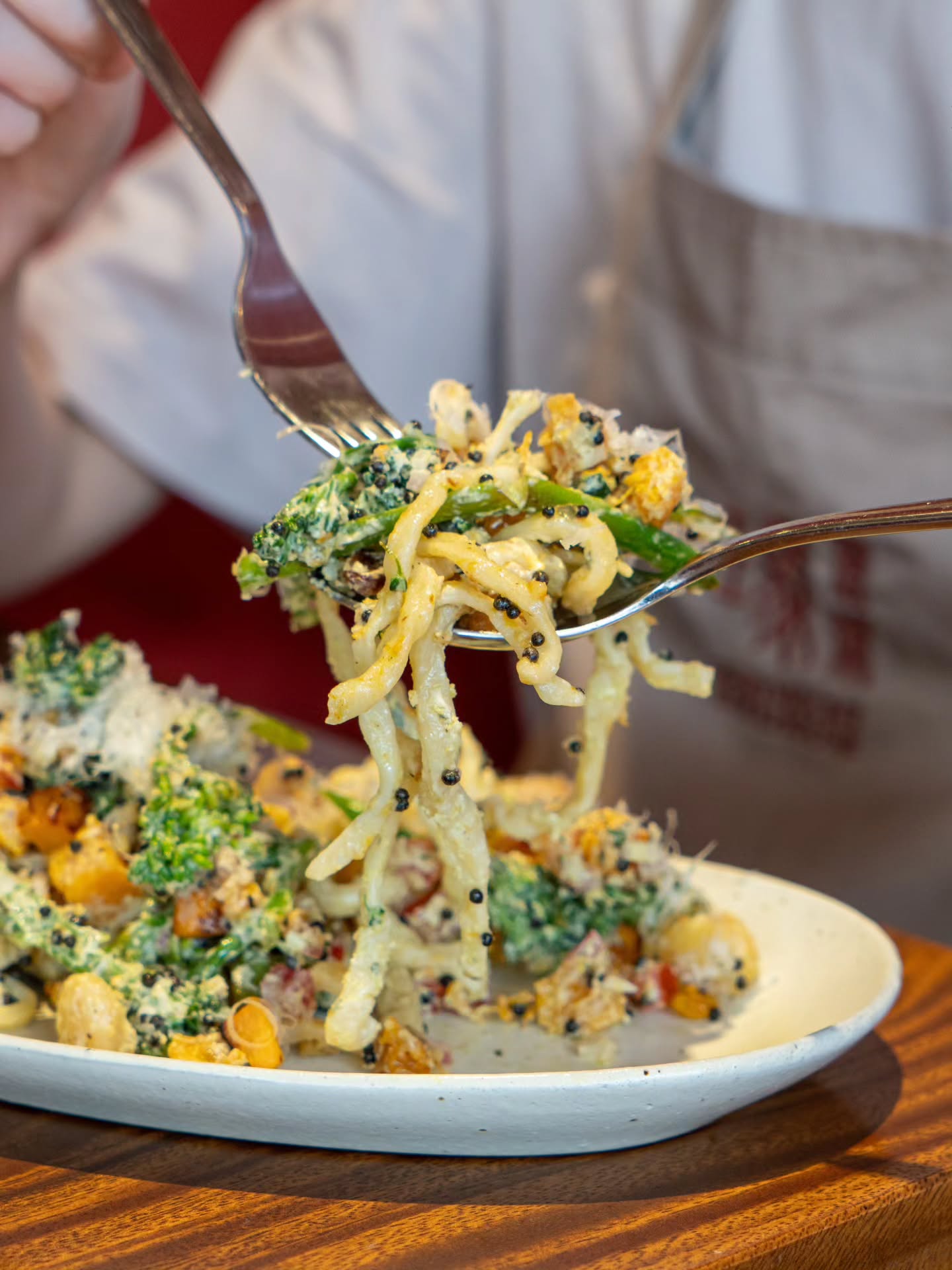 A sourdough pasta dish perfect for Takeaways!
This week, a new festive side drops.
If you know us, we don’t do takeaway pastas.
Pastas are meant to be enjoyed fresh. Once they leave the kitchen, the sauce keeps cooking and the texture changes. It’s no longer the same Marymount experience.
But this time, we’re making an exception.
The Pasta Salad the MMBH way, now available for takeaway. A dish that can be enjoyed and hold well!
Grilled broccolini, roasted butternut, lemon miso dressing, toasted macadamia
Bright, nutty, and soulful.
A humble pasta salad made the Marymount way.