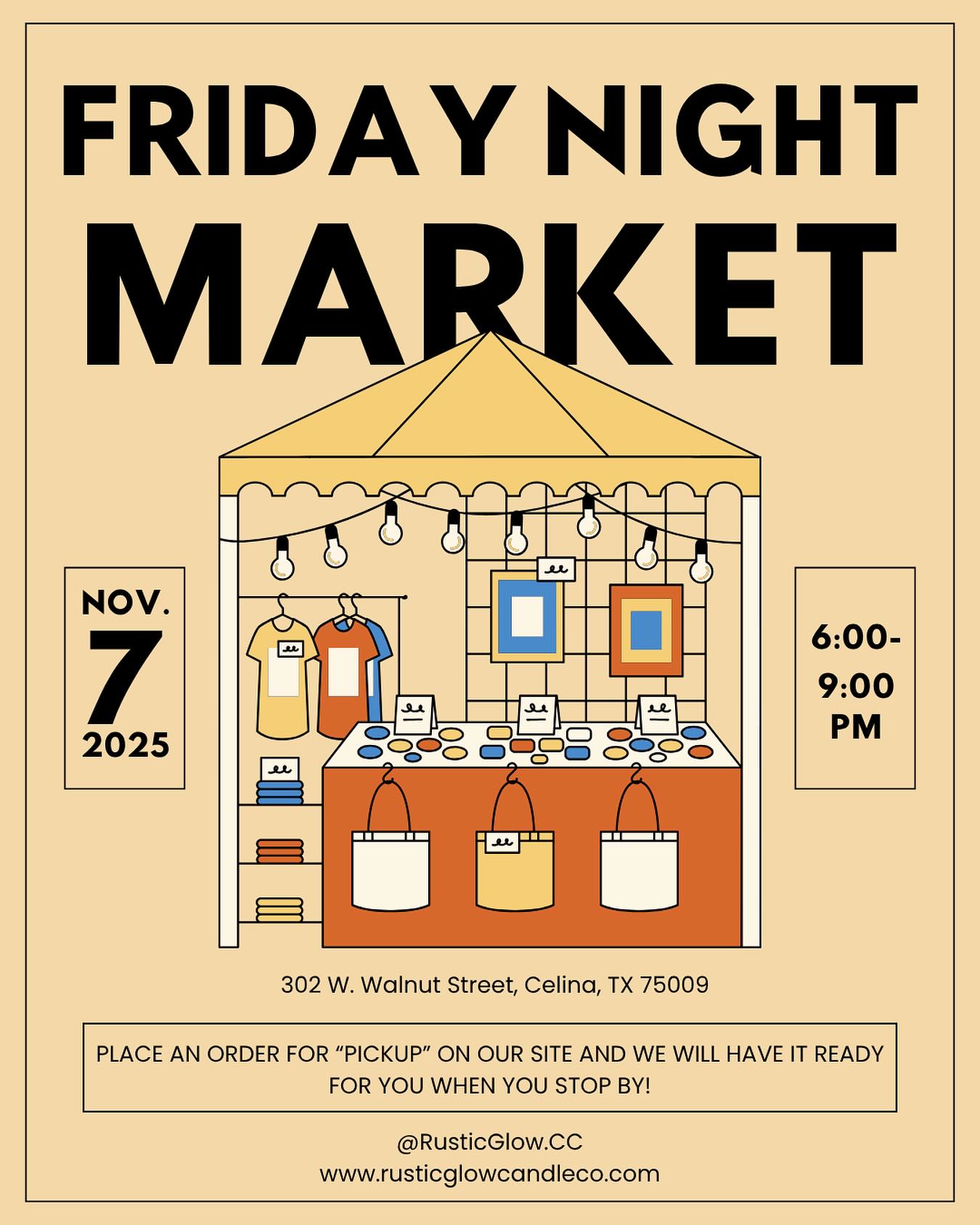 🌙✨ It’s our LAST Friday Night Market of the year! ✨🌙
Come hang out with us in Downtown Celina on the Square this Friday, November 7th from 6–9 PM! 🕯️
We’ve restocked some of our most popular fragrances — and once they’re gone, they won’t be back until next year! Plus, we’ll have a few exclusive, in-person-only scents that you can’t snag anywhere else.
Want to skip the line? Order online and choose “Local Pickup” at checkout. Just add a note that you’ll be stopping by Friday Night Market, and we’ll have your order ready to go!
Come celebrate the cozy season with us — we can’t wait to see everyone there! 🤎
#RusticGlowCandleCo #CelinaTX #FridayNightMarket #ShopLocal #CandleLovers
