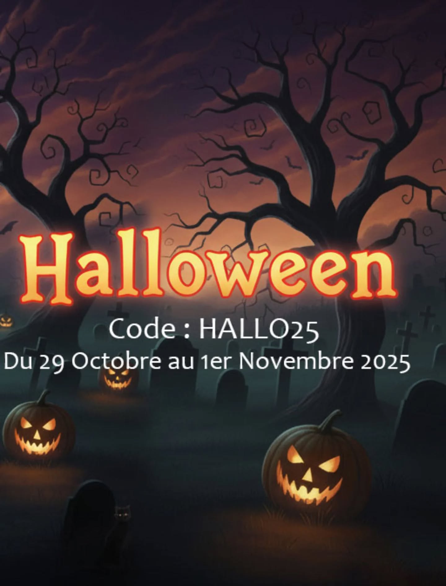 Des bonbons ou un sort ou plutôt : un code promo 😁
Même les fantômes et les citrouilles sont d'accord : c'est le moment de vous faire plaisir 🎃 👻
La magie d'halloween opére sur la boutique !
Ne manquez pas notre offre effrayante ! -10% sur toute la boutique 🛍️
• CODE : HALLO25
• QUAND : du 29 octobre au 1 er Novembre 2025
Ne manquez pas cette offre Éclair ⚡
Lien du site dans la bio