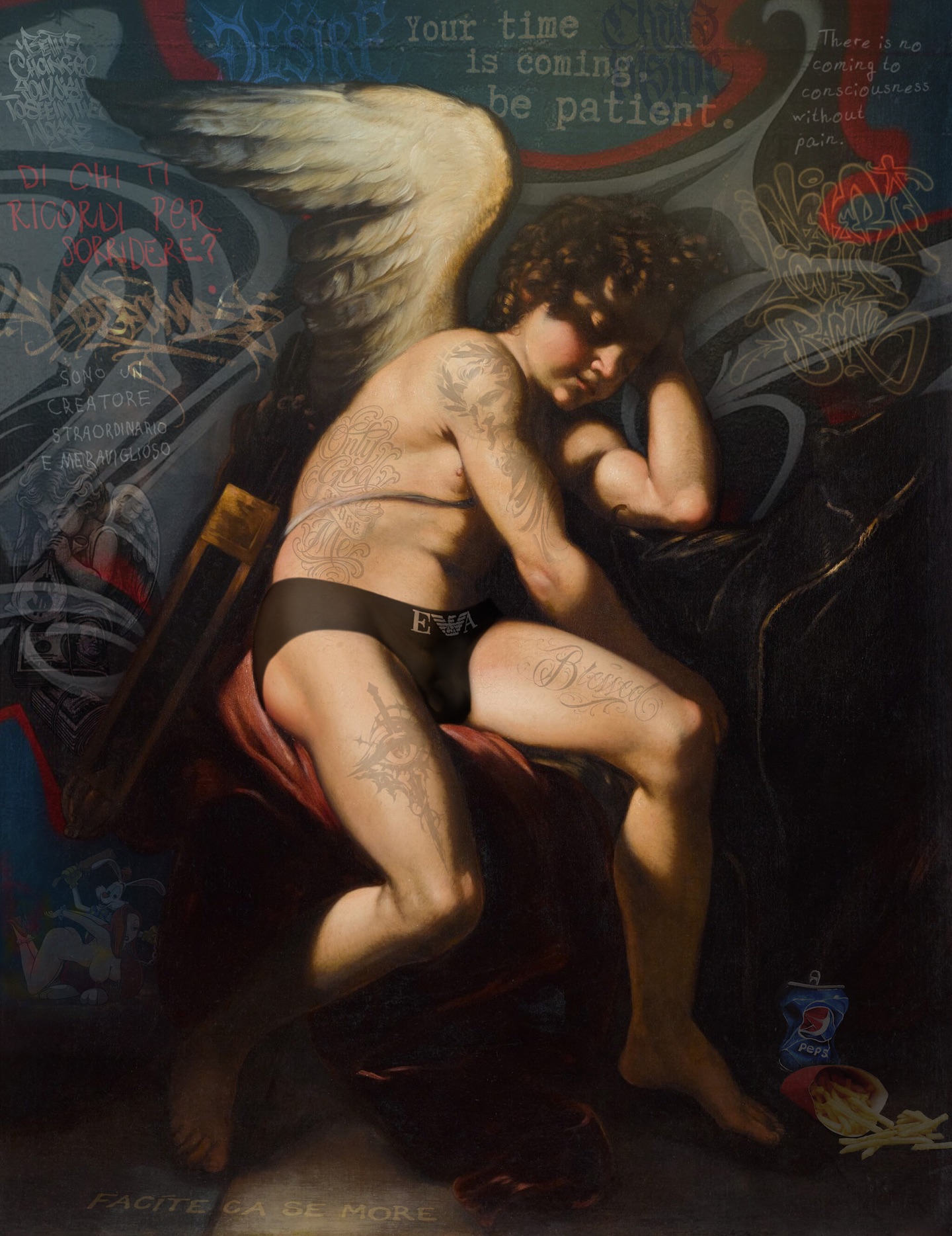 FACITE CA SE MORE by Marco Battaglini
A reminder that mortality belongs only to the body (the soul is eternal, divine, untouchable).
An angel marked by contemporary chaos, suspended between sacred past and pop present.
Because all of Battaglini’s art speaks not of endings, but of transcendence — we are eternal gods learning how to remember.
So tell me: do you live as a mortal body, or as an immortal soul?
#MarcoBattaglini #ArtPopClassic #eternalsouls