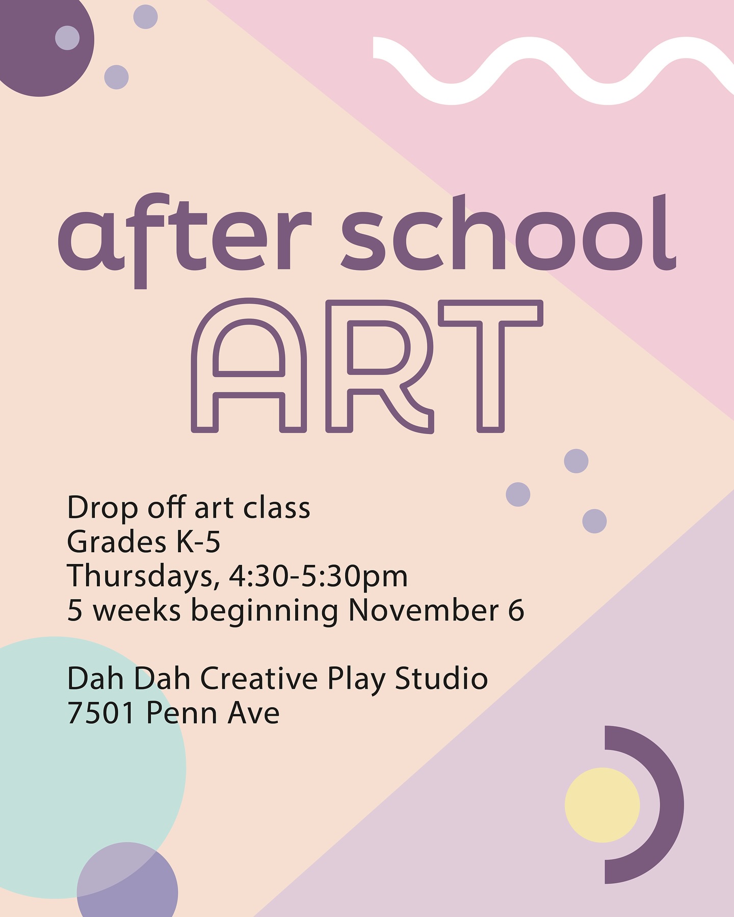 Winter 1 Session begins next week including a new session of After School Art - a drop-off art class for grades K-5 🩷 Sign up on our website: www.dahdahpgh.com (linked in bio)