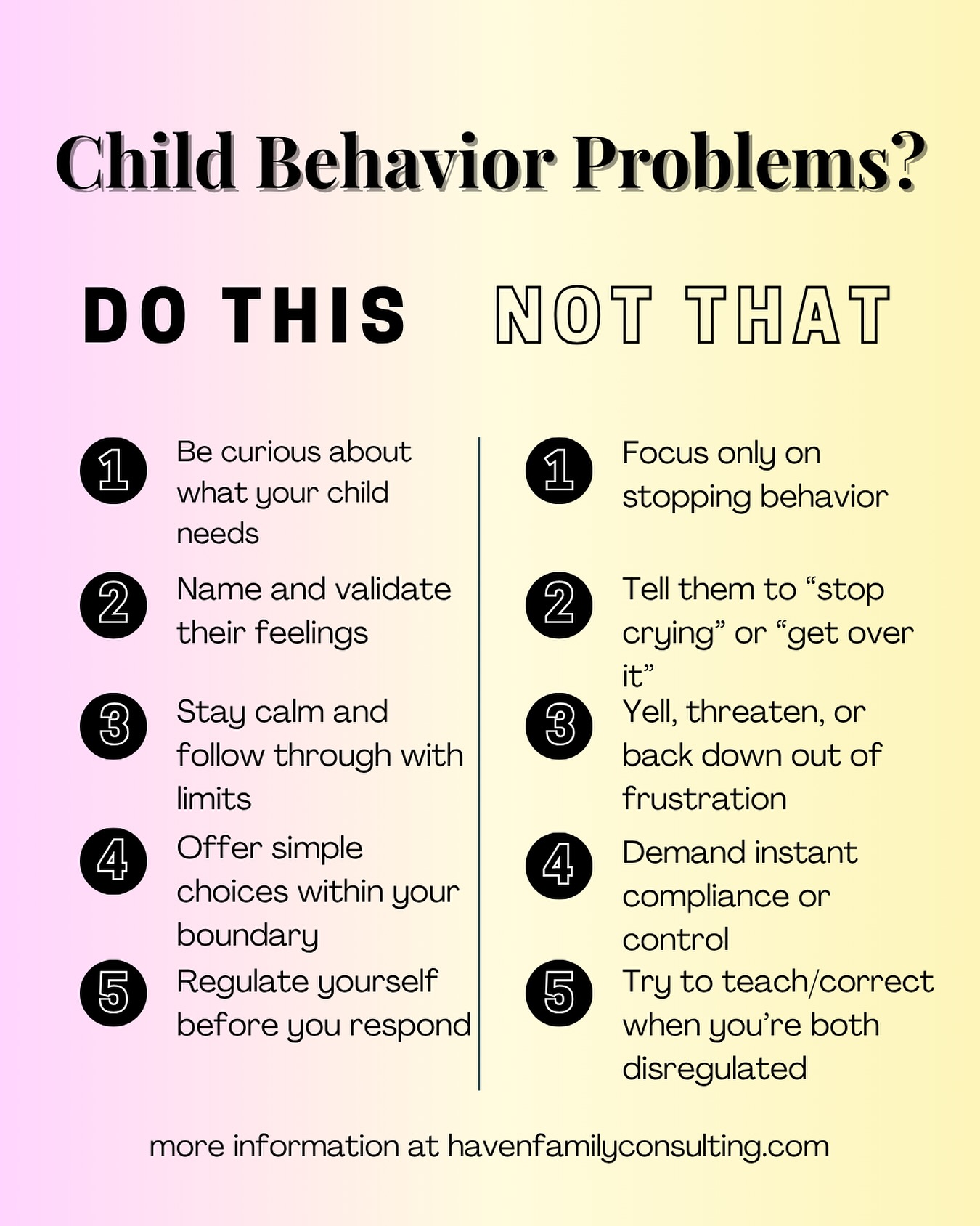 Parenting isn’t about perfection — it’s about awareness.
These small shifts turn chaos into connection and help you see the why behind your child’s behavior.
✨ Start with curiosity, not control.
#parentcoaching #gentleparenting #havenfamilyconsulting