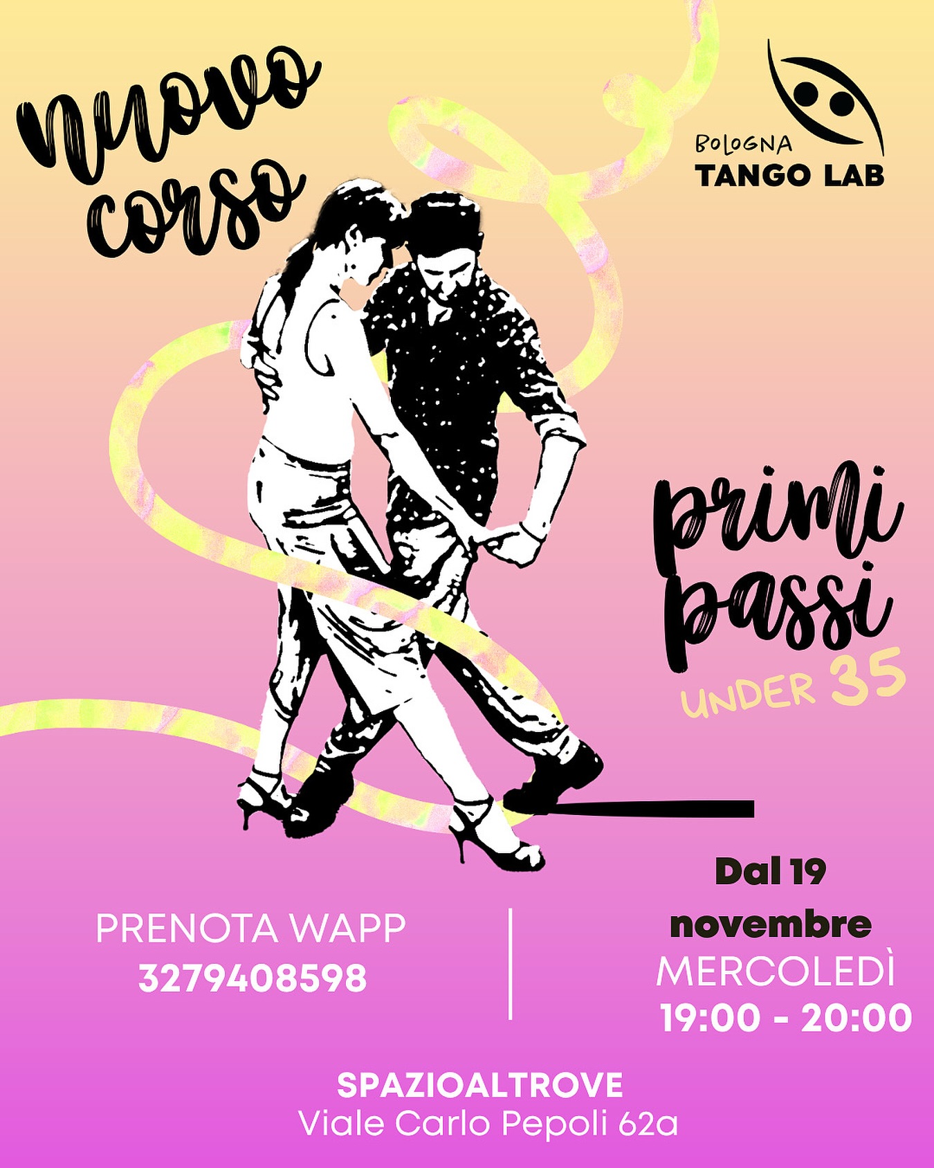 Dal 19 NOVEMBRE nuovo corso PRIMI PASSI ✨
AUTUMN CLASS 🍄🟫🍁🍷
Quando? Il mercoledì dalle 19.00 alle 20.00
Dove? @spazioaltrove_ viale Carlo Pepoli 62a
PROMO MINI CORSO 🔥
Vieni a scoprire il tango insieme a noi 💃🏻
Per info WA 3279408598
