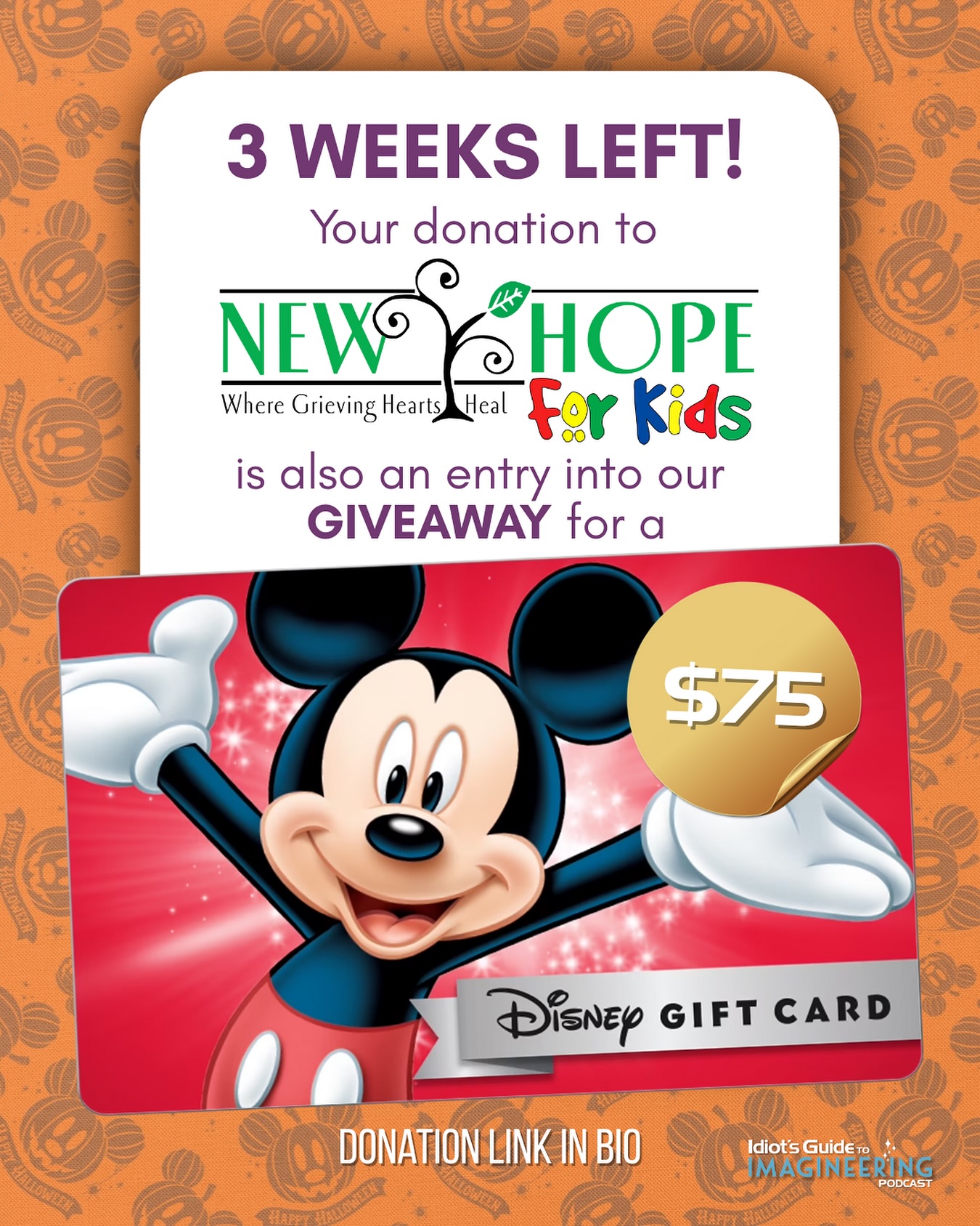 🎃 We’re three weeks away from the end of our fundraiser for New Hope for Kids (@newhopeforkids), and we still have a long way to go to hit our $1,000 goal! 💙
Every donation through our GoFundMe (linked in bio) helps bring hope, healing, and joy to children and families in Central Florida who are grieving or facing life-threatening illnesses.
And don’t forget! Every donation no matter how big or small enters you into our $75 Disney Gift Card giveaway 💳
Let’s scare away that remaining goal and make some real magic together. 👻
#DisneyGiveaway #DisneyGiftCard #GiveawayAlert #DisneyMagic #Fundraiser #CharityGiveaway #MakeADifference #NewHopeForKids #Giveaway