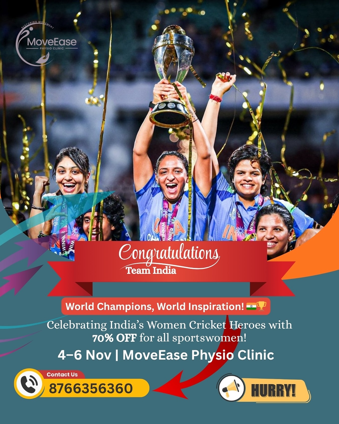🏆🇮🇳 Queens of Cricket, Pride of India! 🇮🇳🏆
Today we celebrate the power, passion & dedication of India’s women champions who showed the world what true strength looks like 💪✨
To honor our cricketing heroes and every sportswoman out there, MoveEase Physio Clinic is offering 70% OFF! 🎉
Because every champion deserves the best care 💙
📅 4–6 November
📍MoveEase Physio Clinic
☎️ 8766356360
Come celebrate women in sports — and unleash your inner champion! 👑🔥
#WomenInBlue #TeamIndia #WorldChampions #WomenCricket #CricketQueens #ProudMoment #IndiaWins #GirlPower #SheBelieves #SheWins #WomenInSports #SportsWomen #ChampionMindset #PhysioCare #MoveEaseClinic #SportsPhysio #FitnessForWomen #IndiaPride #Inspiration #WomenWhoInspire #CricketLove #SupportWomenSports #TrainLikeAChampion #UnstoppableWomen #SaluteToChampions
