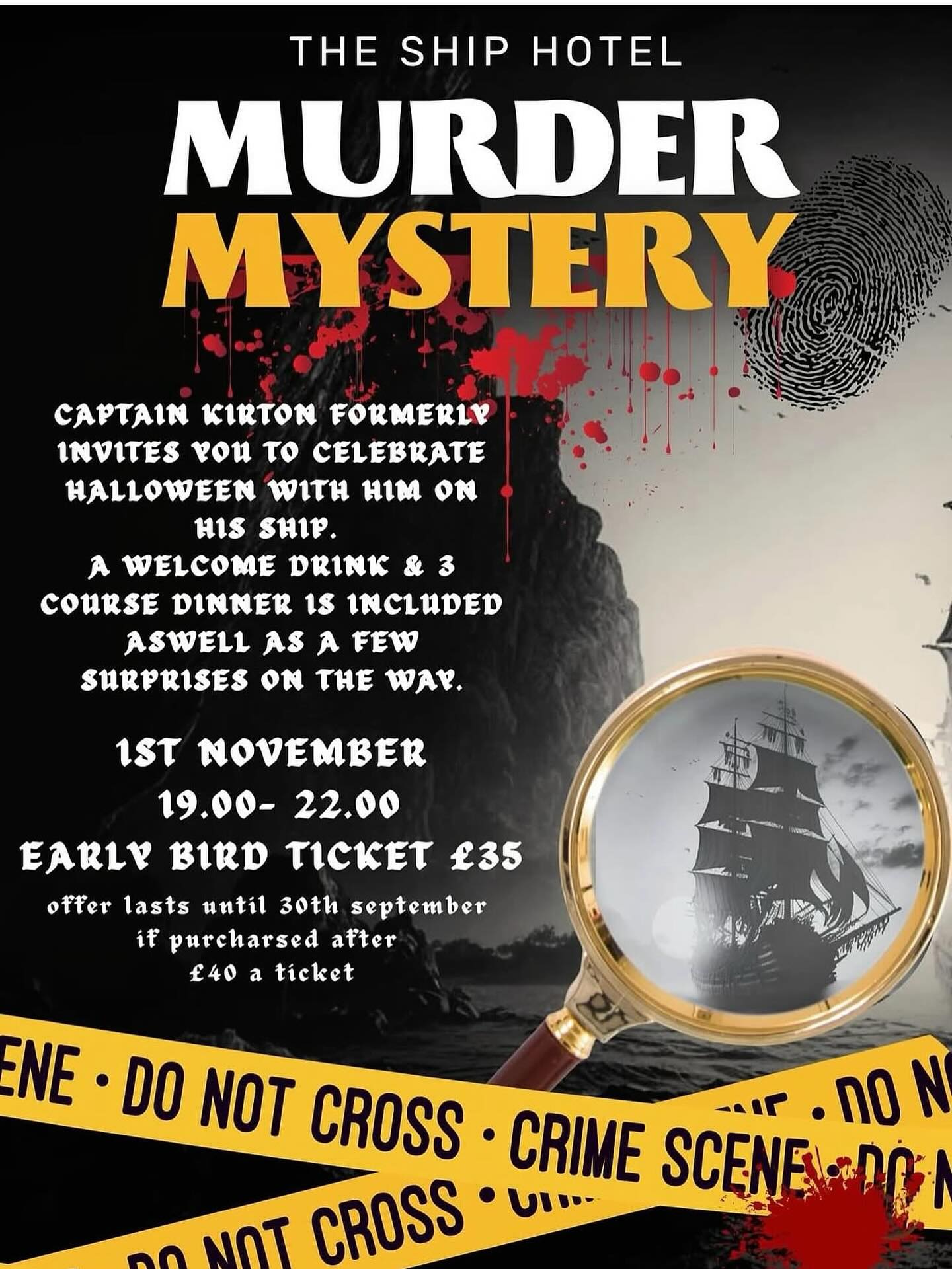 Murder is afoot at The Ship Hotel…
This Halloween, step aboard for a night of mystery, intrigue, and more than a little mischief.
The Flying Trunk Theatre Company presents an immersive murder mystery like no other. Join Captain Kirton as he invites you to celebrate All Hallows’ Eve on his ship… but beware, not everyone will make it through the night.
Enjoy a welcome drink, a three-course dinner, and a few sinister surprises along the way.
Halloween fancy dress 👻🎃 (not compulsory)
1st November | 7:00pm – 10:00pm
The Ship Hotel, 132 High St, Crediton EX17 3LQ
Tickets £40
To purchase tickets:
hellotheshiphotelcrediton@gmail.com
01363 894020
Or pop in and buy tickets at the bar.
Will you solve the mystery before it’s too late?
@theshiphotelcrediton
@creditonheartproject
@the_flying_trunk
#MurderMystery #ImmersiveTheatre #liveperfomance #goidnightout