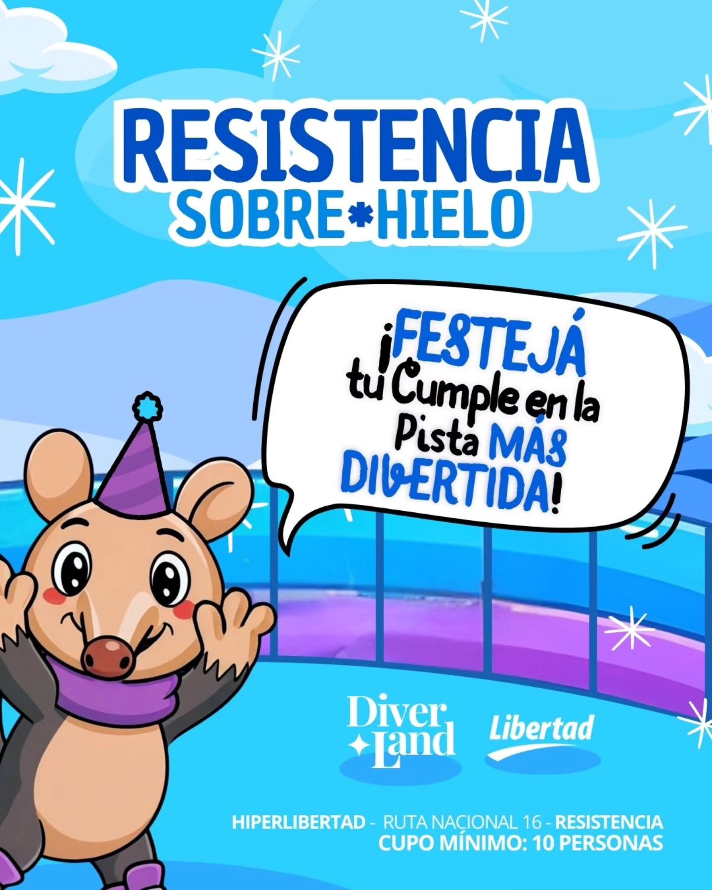 ❄️🎉 ¡Festejá tu cumple sobre hielo! 🎂⛸️
Vení a Diverland Resistencia y celebrá a lo grande en la pista más divertida del Chaco.
Risas, música, patines y mucha diversión te esperan con tus amigos. 💙✨
📍 HiperLibertad – Ruta Nacional 16, Resistencia
👥 Cupo mínimo: 10 personas
¡Armá tu grupo y viví una experiencia única sobre hielo! 💫
#Diverland #ResistenciaSobreHielo #CumpleSobreHielo #DiversiónEnFamilia #PatinajeSobreHielo
