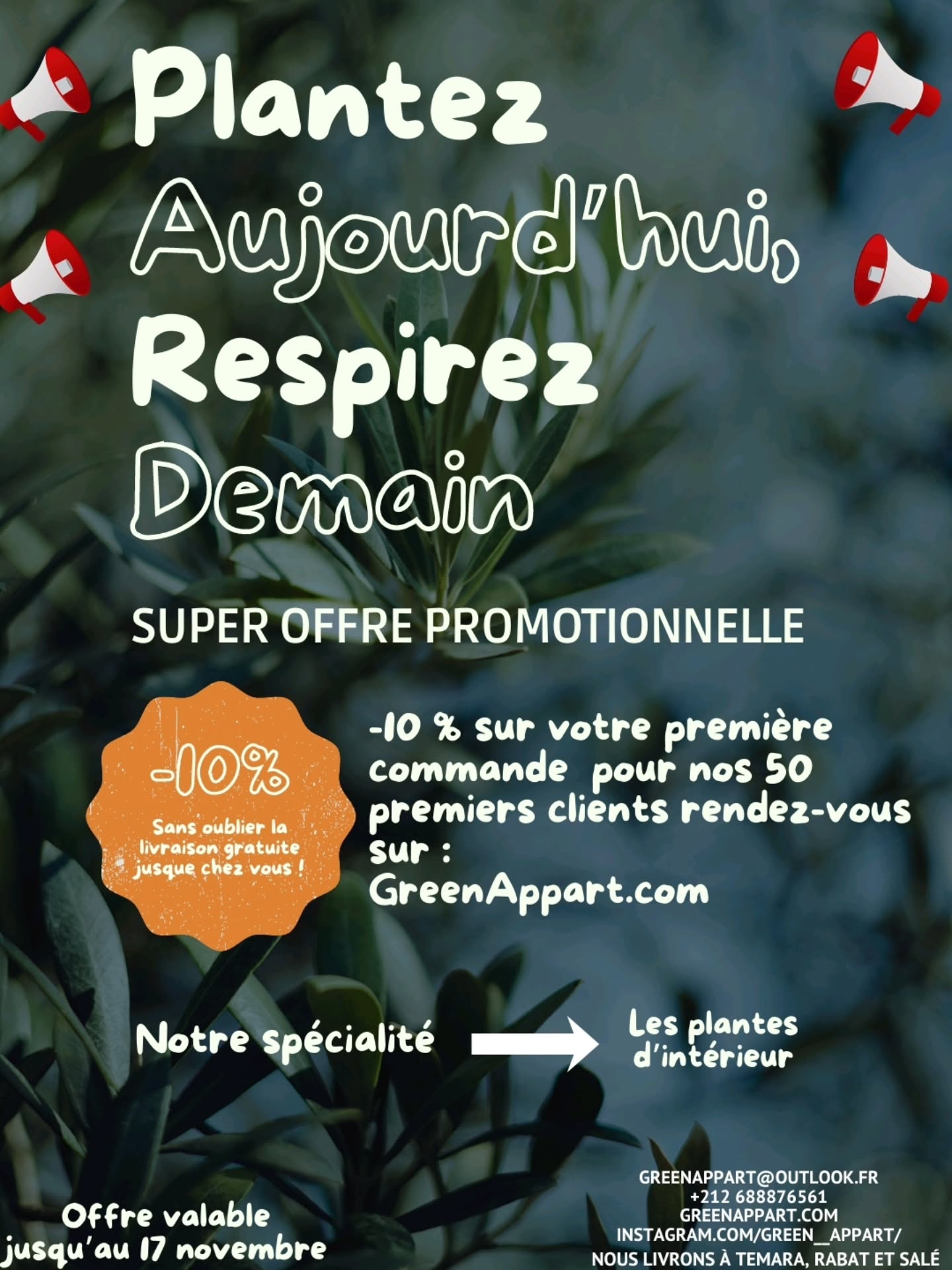 🚨 SUPER PROMO EXCEPTIONNELLE 🚨
Tu veux transformer ton intérieur ? C’est le moment !
Pour fêter notre lancement à Rabat, Temara et Salé, GreenAppart t’offre -10 % sur ta première commande + livraison 100 % gratuite !
Offre réservée aux 50 premiers clients uniquement !
Plantes d’intérieur tendance, ultra faciles à entretenir 🌱, ambiance chaleureuse garantie chez toi.⏳
👉 Commande vite sur GreenAppart.com ou en DM, stocks limités !
Fais entrer la nature chez toi, au meilleur prix du marché.
#SUPERPROMO #GreenAppart #PlantesIntérieur #Rabat #Temara #Salé #LivraisonGratuite #BonPlan