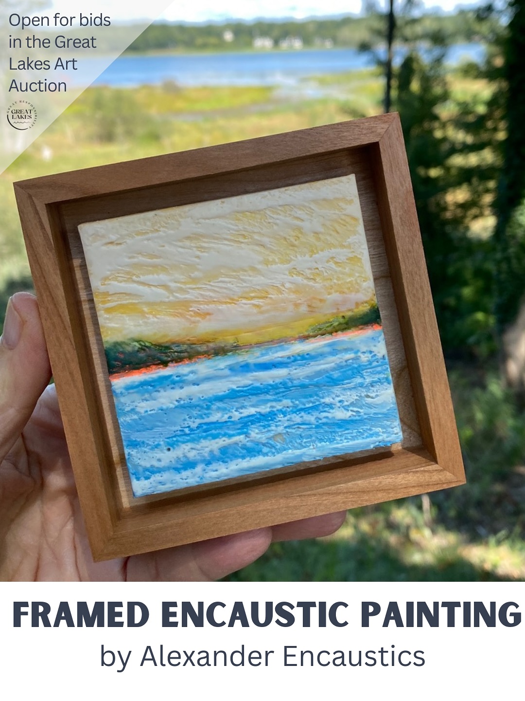 Featured artist @alexanderencaustics aka Ronna Alexander is a mixed-media artist who lives near the shores of Lake Michigan. She primarily paints using encaustic medium and collage. Her work is currently shown in 2 fine art Galleries in Michigan: Button Gallery in Douglas and Higher Art Gallery in Traverse City.
Some words from Ronna: “Living only 1/2 mile from the shores of Lake Michigan, the daily changes in color, movement and temps directly influence my artwork!”
Ronna’s donated piece is an encaustic painting in a beautiful handmade floating frame measuring 4” x 4”.
Bid today on this lovely piece of art at www.greatlakeslove.org/greatlakesart (link in bio)
Note: some of the pieces have been cropped to fit our social media dimensions. Check out the auction page to gain the full perspective.
#greatlakesart #localart #localartist #greatlakes #protectwhatyoulove #lakehuron #lakeontario #lakemichigan #lakeerie #lakesuperior #artistsofinstagram
