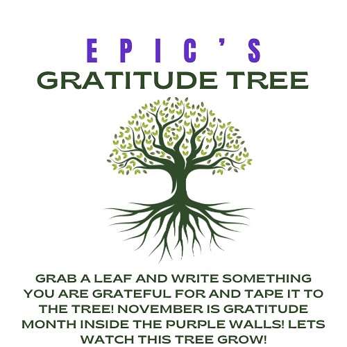“In November, the trees are standing all sticks and bones. Without their leaves, how lovely they are, spreading their arms like dancers.”
HAPPY NOVEMBER and HAPPY GRATITUDE MONTH inside the purple walls! We cannot wait to have a month full of gratitude, love, inspiration and celebration!
Be sure to participate in the GRATITUDE TREE, FOOD PANTRY Donations and MISS SHANA’S Birthday Box Donations!
It is sure going to be an EPIC month inside the purple walls 💜⭐️