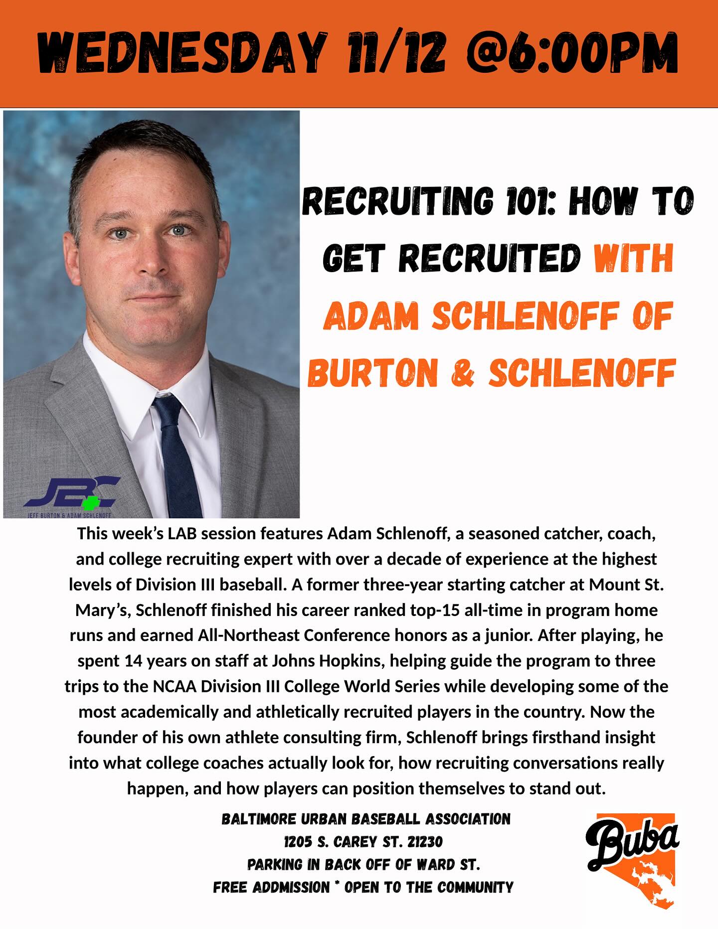 Next Wednesday at the LAB - Coach @coach.schlen will be talking to BUBA Scholars about getting recruited to the next level! Join us 11/2 at 6pm!
