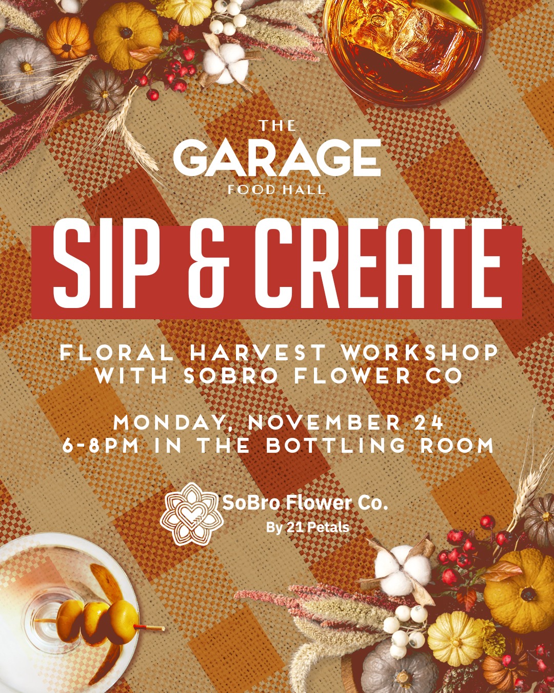 Introducing Sip & Create at The Garage Food Hall, a new series that's all about getting creative over tasty drinks 🥂
We’re kicking things off in autumnal style with a Floral Harvest Workshop led by our friends at @sobro_flower_co! Gather your crew for the perfect night out while you get crafty, sip seasonal cocktails, wine, or mocktails from the mobile bar, and create your own fall-inspired floral arrangement just in time for Thanksgiving.
Limited spots available, so grab your tickets now at the link in bio and let your creativity bloom this fall! 🍂