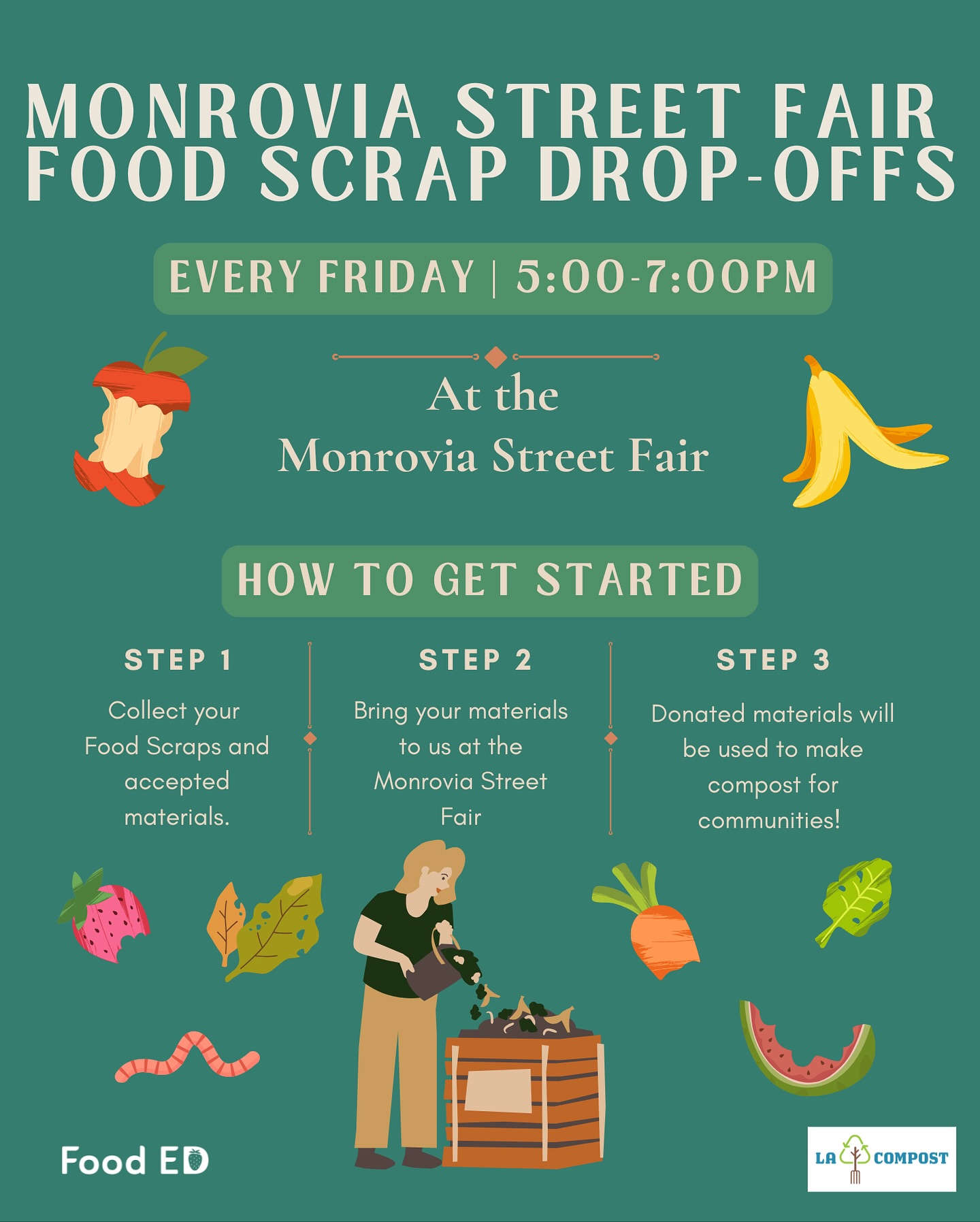 Food Scrap Drop-Off is moving to the Monrovia Street Fair on Friday nights starting November 7th! ♻️🍌🍎🥕🥬🍠🫚🥒🪱 @monroviastreetfairmarket
With the Saturday Monrovia Farmers Market on pause until Spring, we will still take your food scraps on Fridays from 5-7pm on Myrtle Ave! Exact location TBD! See you in November thanks to our partnership with @lacompost